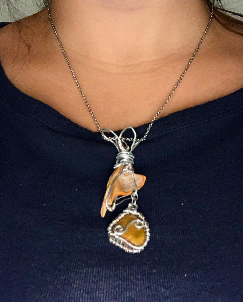 Wire Wrapped Green Opal and Shell Fragment, Wire Wrapped Pendant Necklace, Statement Jewelry, Gift for Her