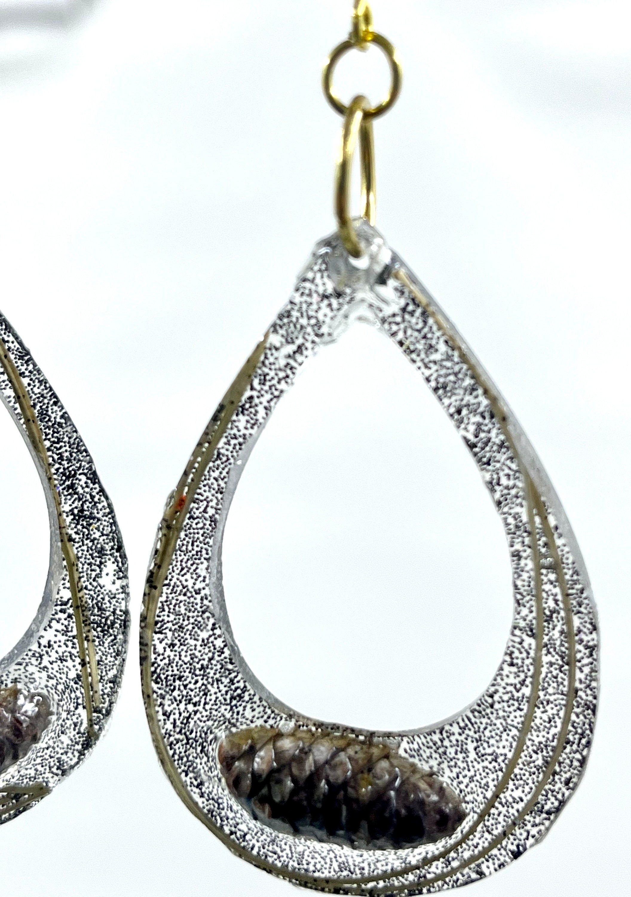 Pinecone & Pine Needle Resin Earrings, Black Glitter Teardrop Dangle, Natural Boho Jewelry, Unique Cottage Core Handmade Gift