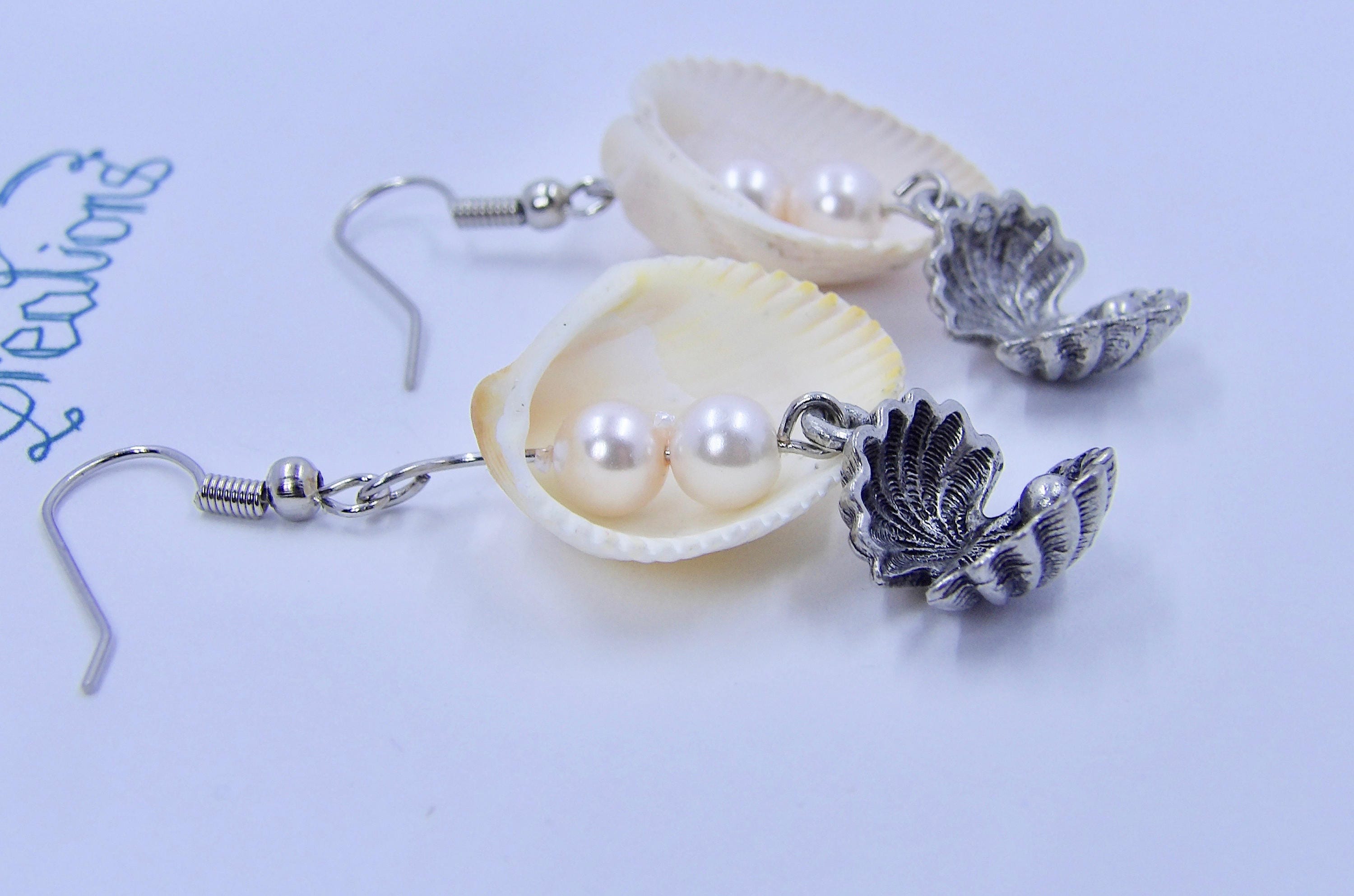Shell & Pearl Earrings | Clam Shell Drops