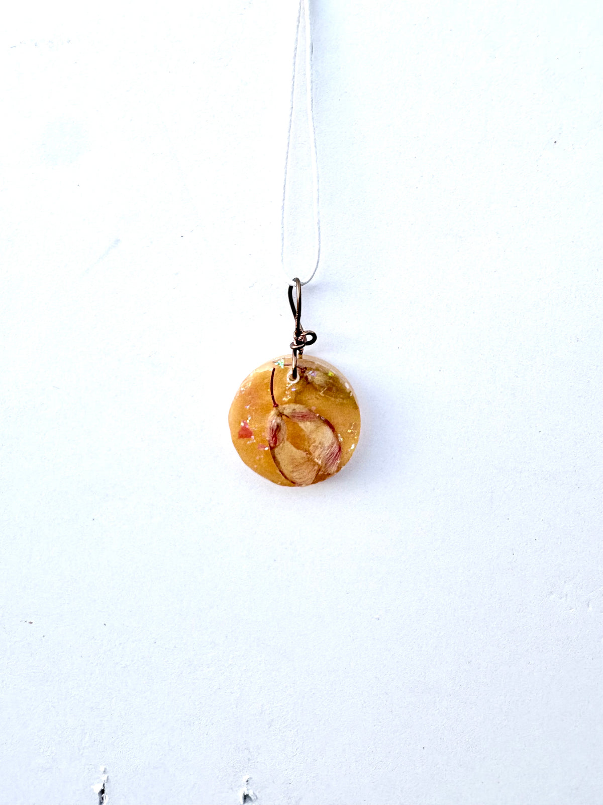 Golden Resin Pendant with Helicopter Seeds | Golden Flight Necklace | Round Botanical Pendant