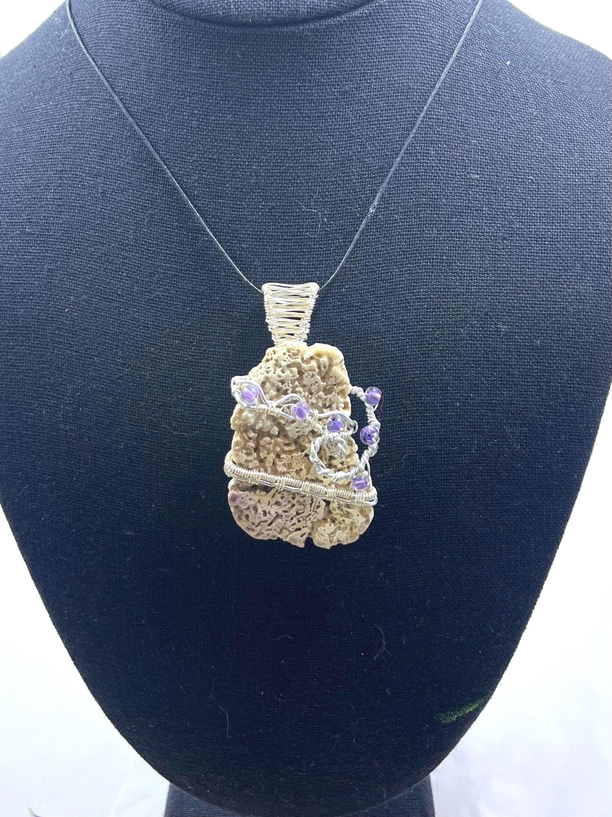 Shell Fragment Necklace | Wire Wrapped Shell with Purple Beads Pendant