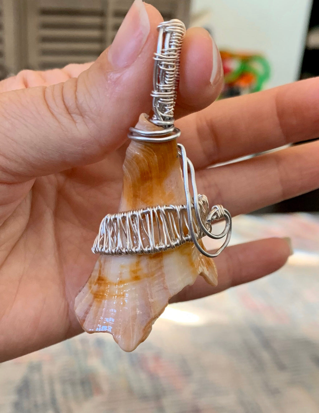 Wire Wrapped Orange Shell Fragment Pendant, Ocean Inspired Jewelry, Gift for Beach Lover, Statement Necklace, Authentic Shells