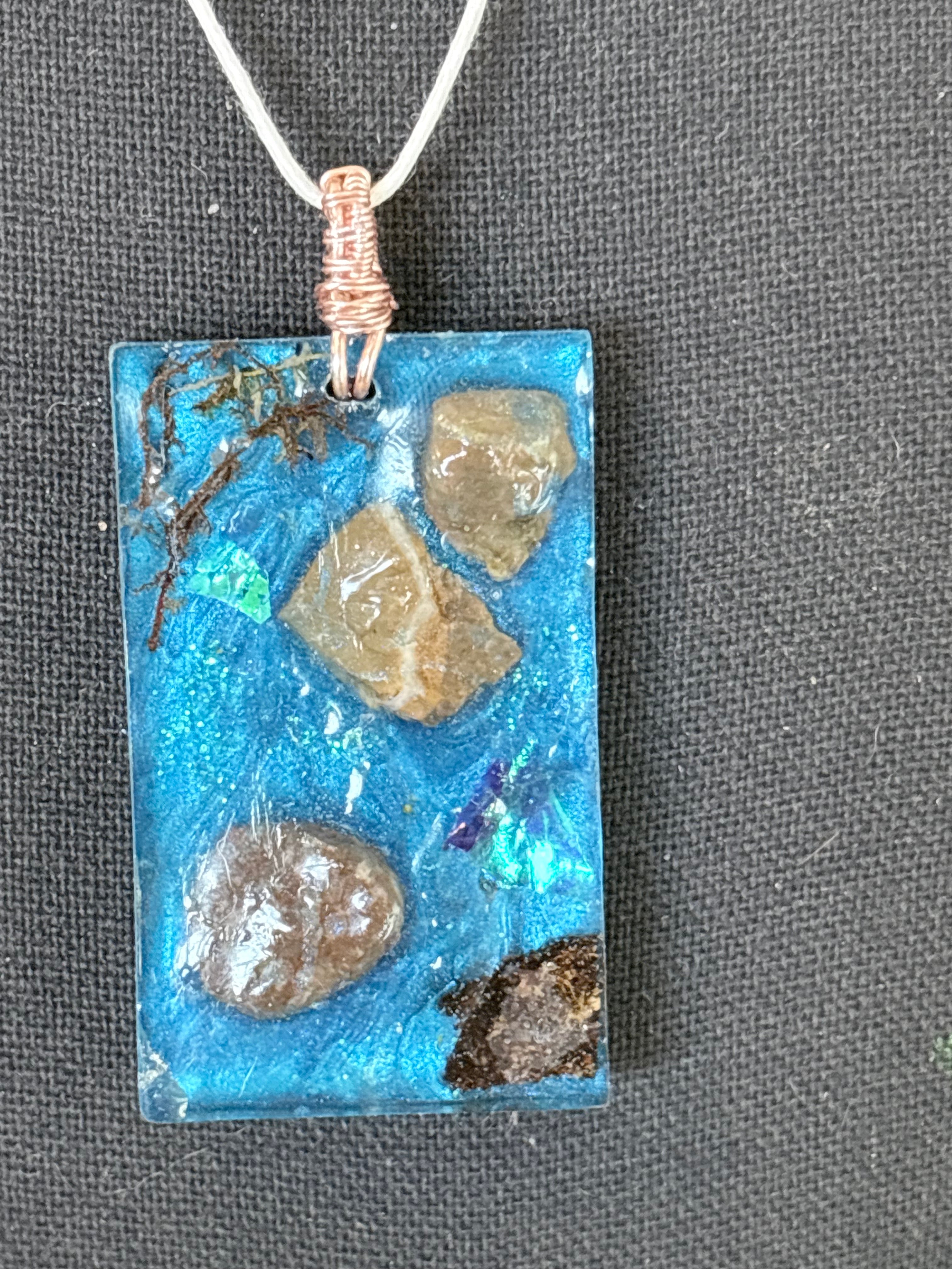 Forest Stream Necklace | Stones and Moss in Blue Resin Pendant