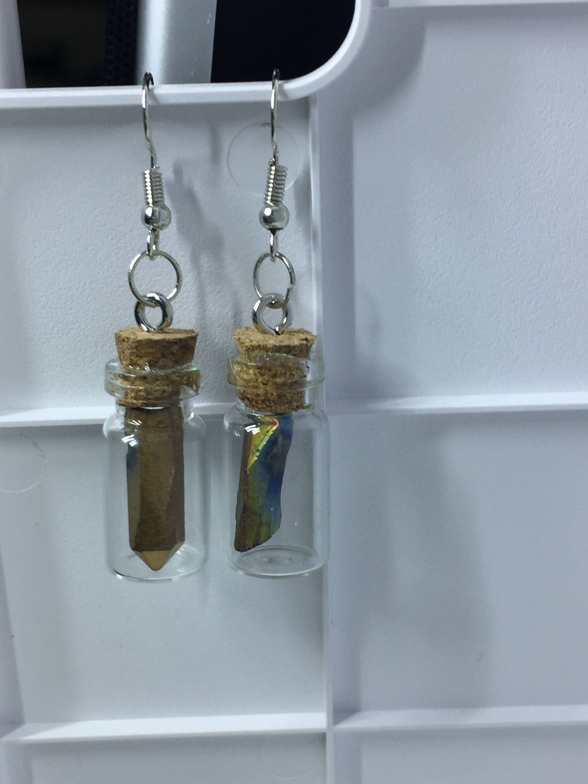 Unique Glass Bottle Earrings and Necklace, Rainbow Quartz Matching Set of Small Glass Bottle Jewelry, Novelty Accessories for Bold Women