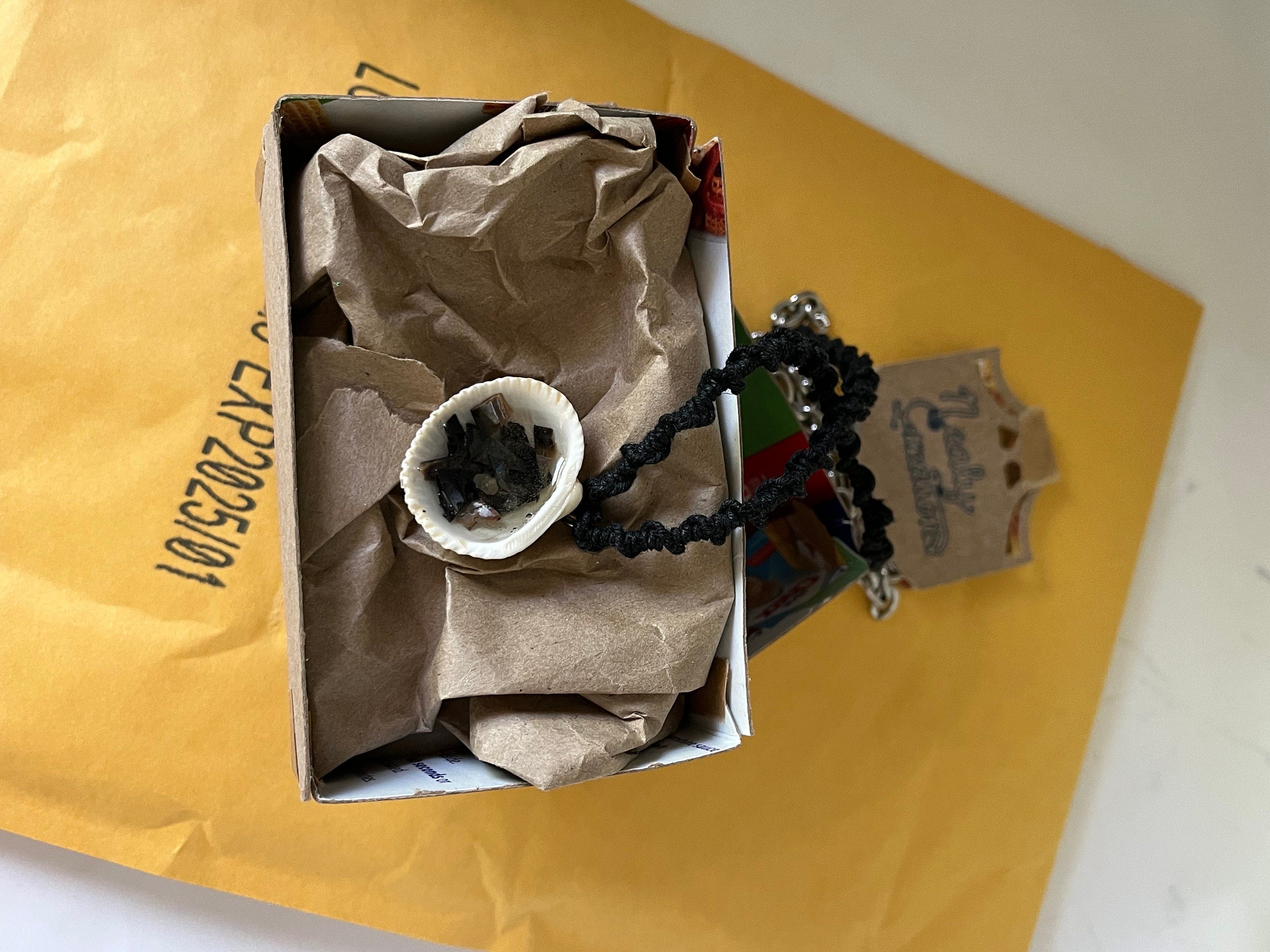 Petite Orange Shell in Resin Pendant, Blue Hemp Macrame Necklace, Josephine Knot Cord, Seashell Teardrop Pendant, Mermaid Core Ocean Jewelry