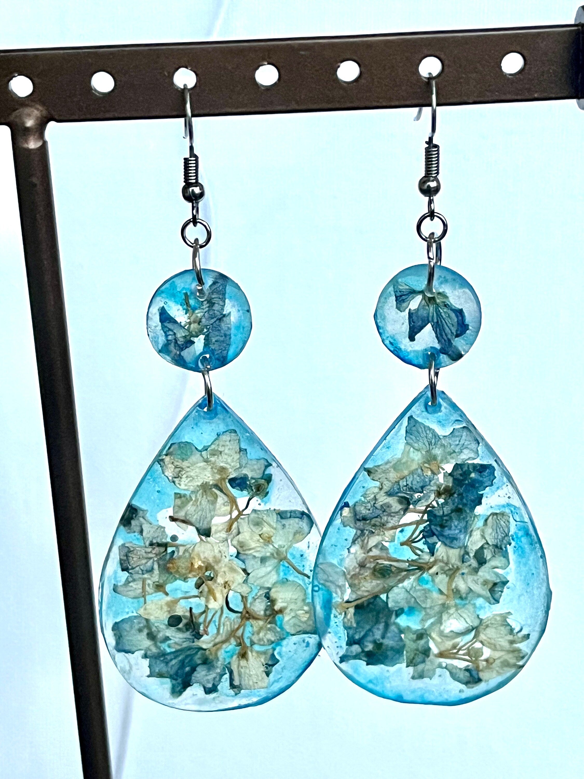 Blue Hydrangea Dangle Earrings - Exquisite Pressed Flower Jewelry, Real Flower in Resin Earrings Bridesmaid Gift, Botanical Earrings