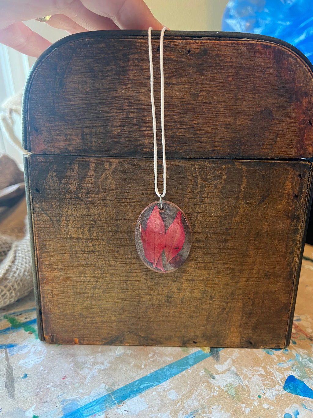 Red Leaves in Resin Pendant,  Botanical Natural Bohemian Style Jewelry, Heavenly Bamboo Nandina Bush Pendant, Fall Inspired, Gift for Her