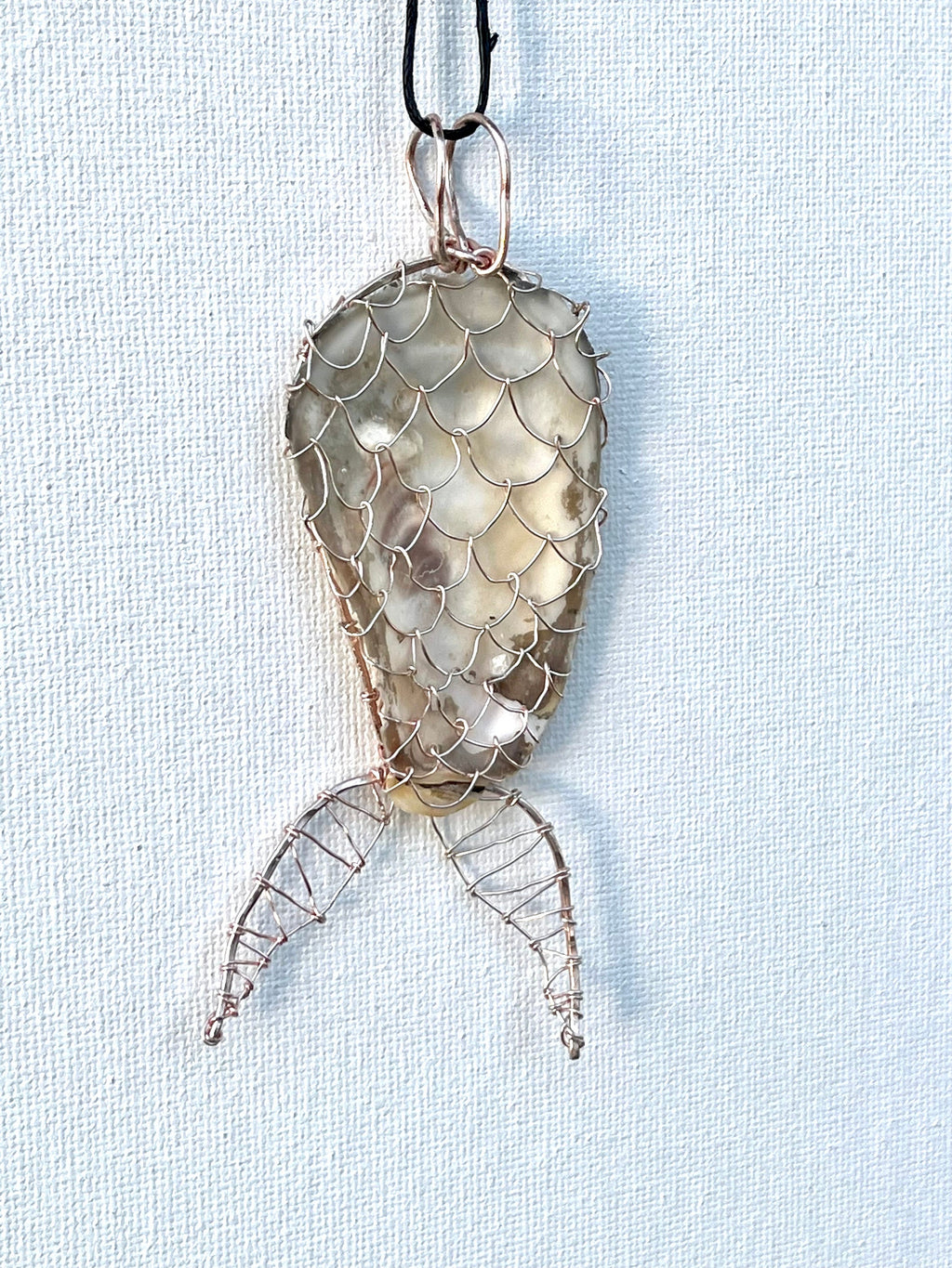 Mermaid Tail Pendant, Wire Wrapped Natural Shell Accessory, Real Oyster Shell with Simple Wire Wrap