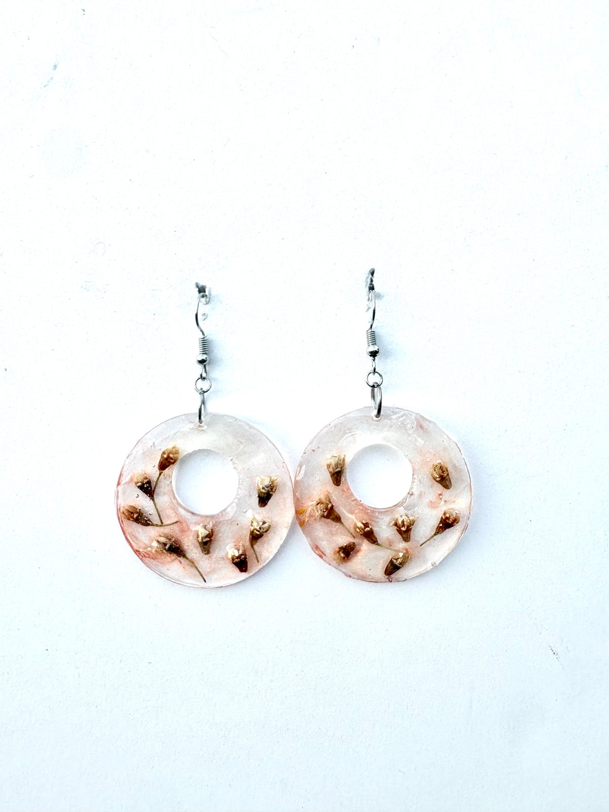 White Flower Peach Hoops | Floral Dangle Earrings