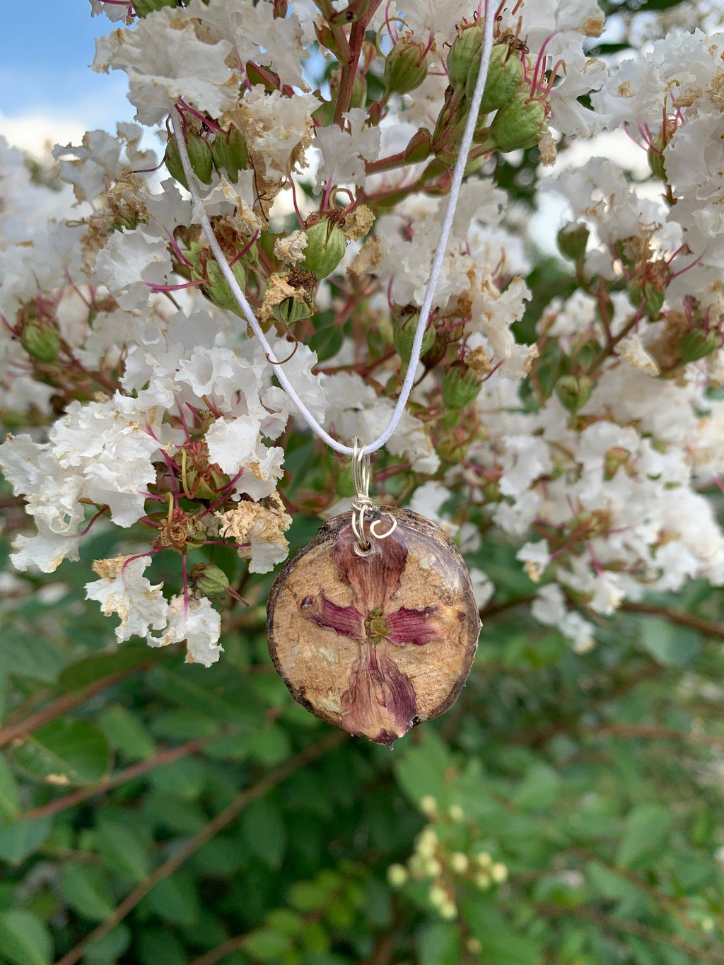 Rooted Grace | Dogwood Flower on Wood Resin Pendant | Pressed Flower Necklace