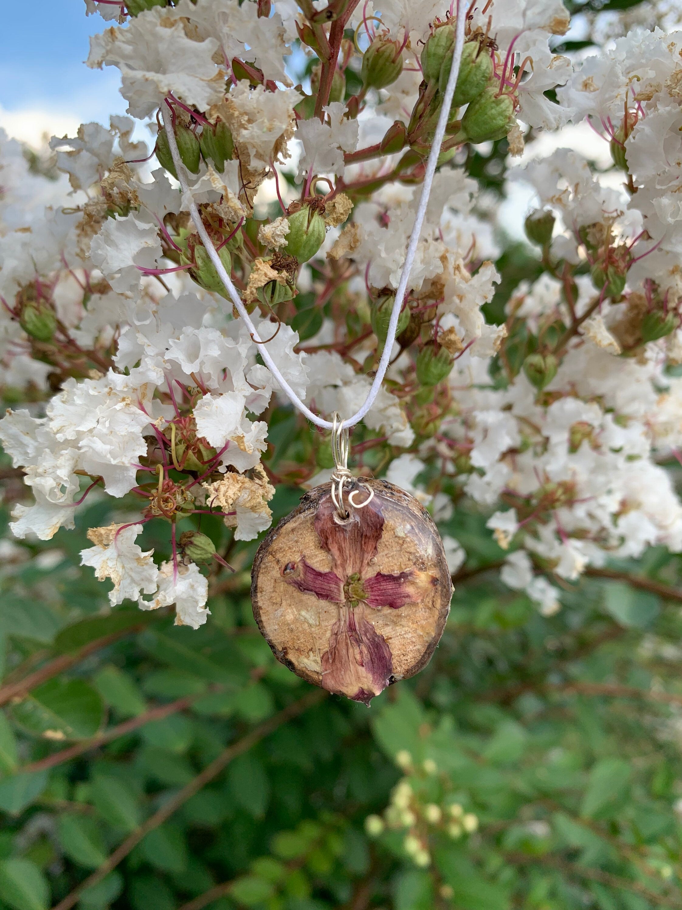 Floral Resin Pendant Necklace,  Real Dried Flowers, Natural Wooden Jewelry, Plant / Botanical Pendant, Jewelry Gift for Wife
