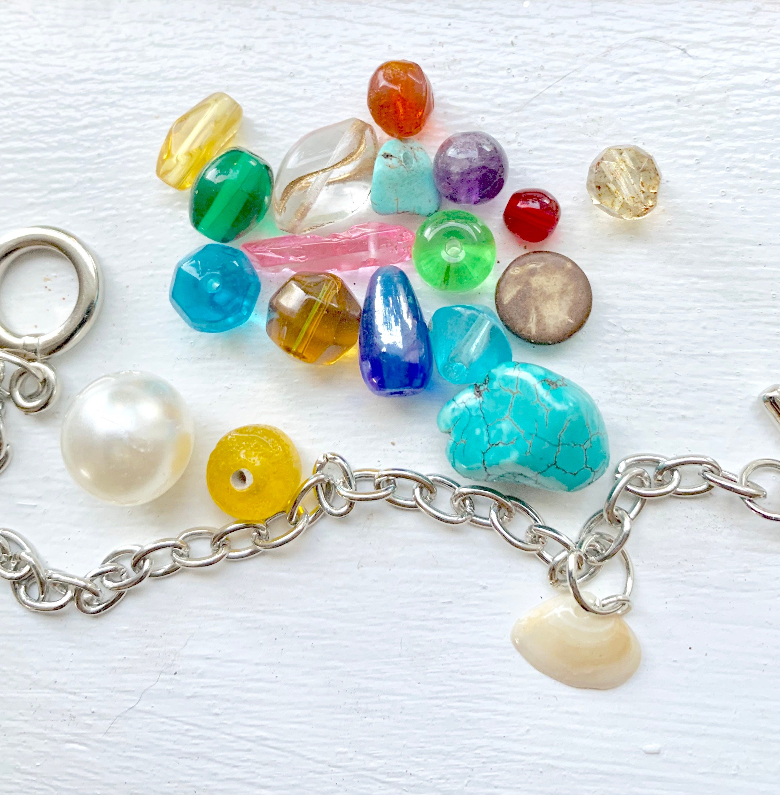 Custom Seashell Charm Bracelet, Birthstone Jewelry, Silver Colored Charm Bracelet, Charm Bracelet, Ocean inspired Charm Bracelet