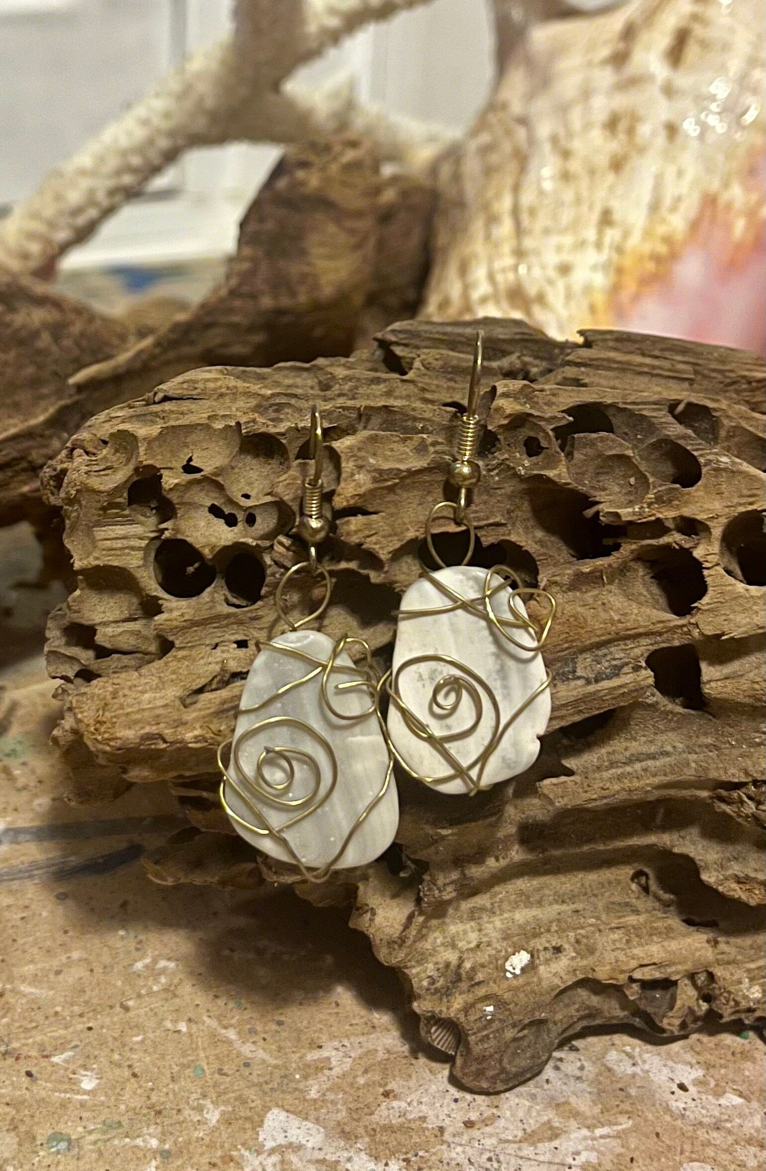 Gold Wire Wrapped Shell Earrings | Boho Coastal Jewelry | Beach Shell Statement Earrings