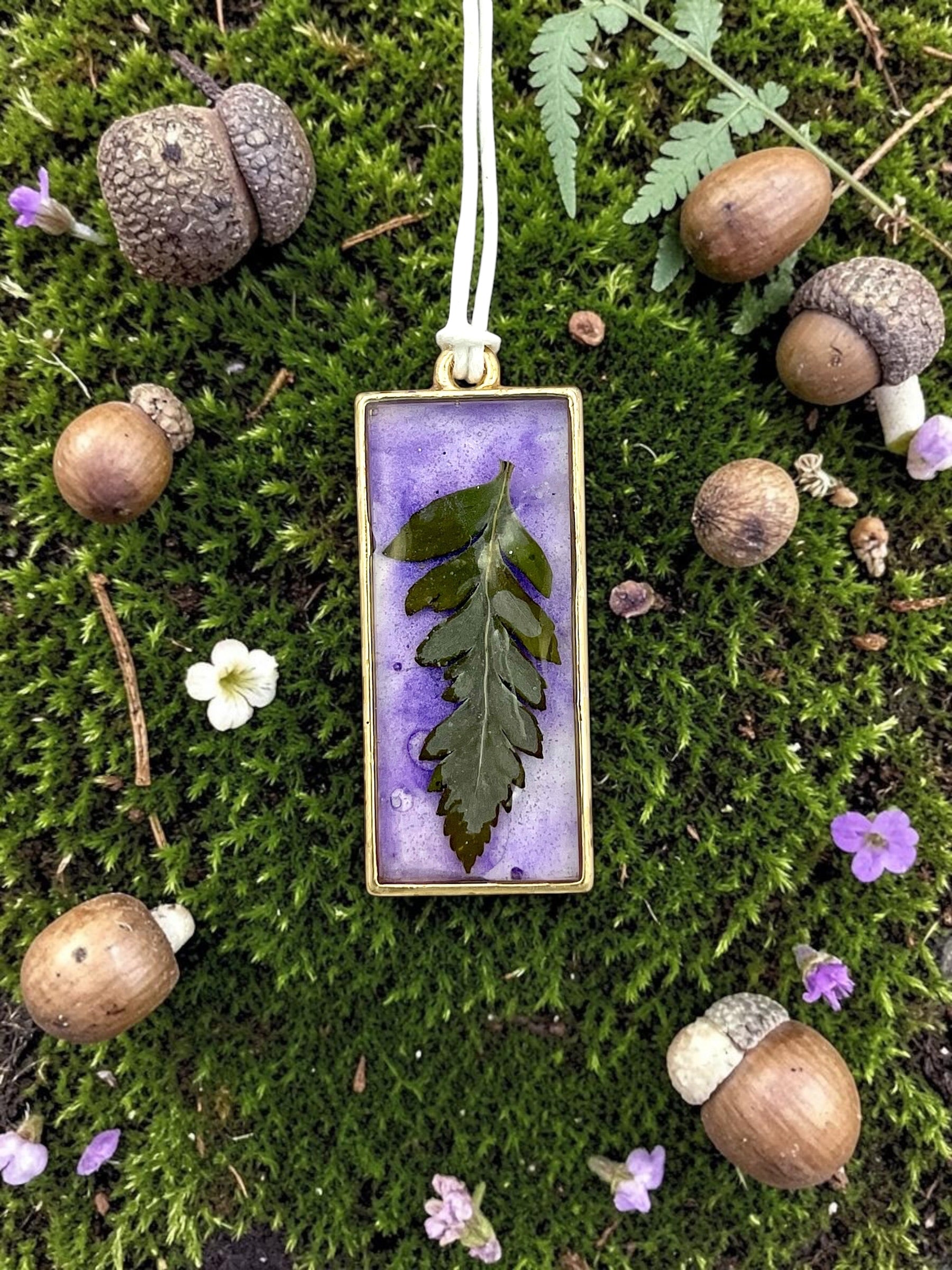 Fern Leaf Necklace | Framed Resin Leaf with Purple Background