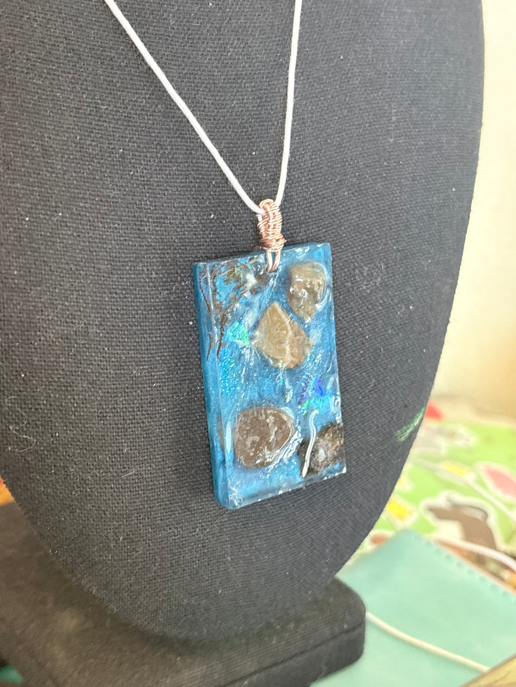 Forest Stream Necklace | Stones and Moss in Blue Resin Pendant