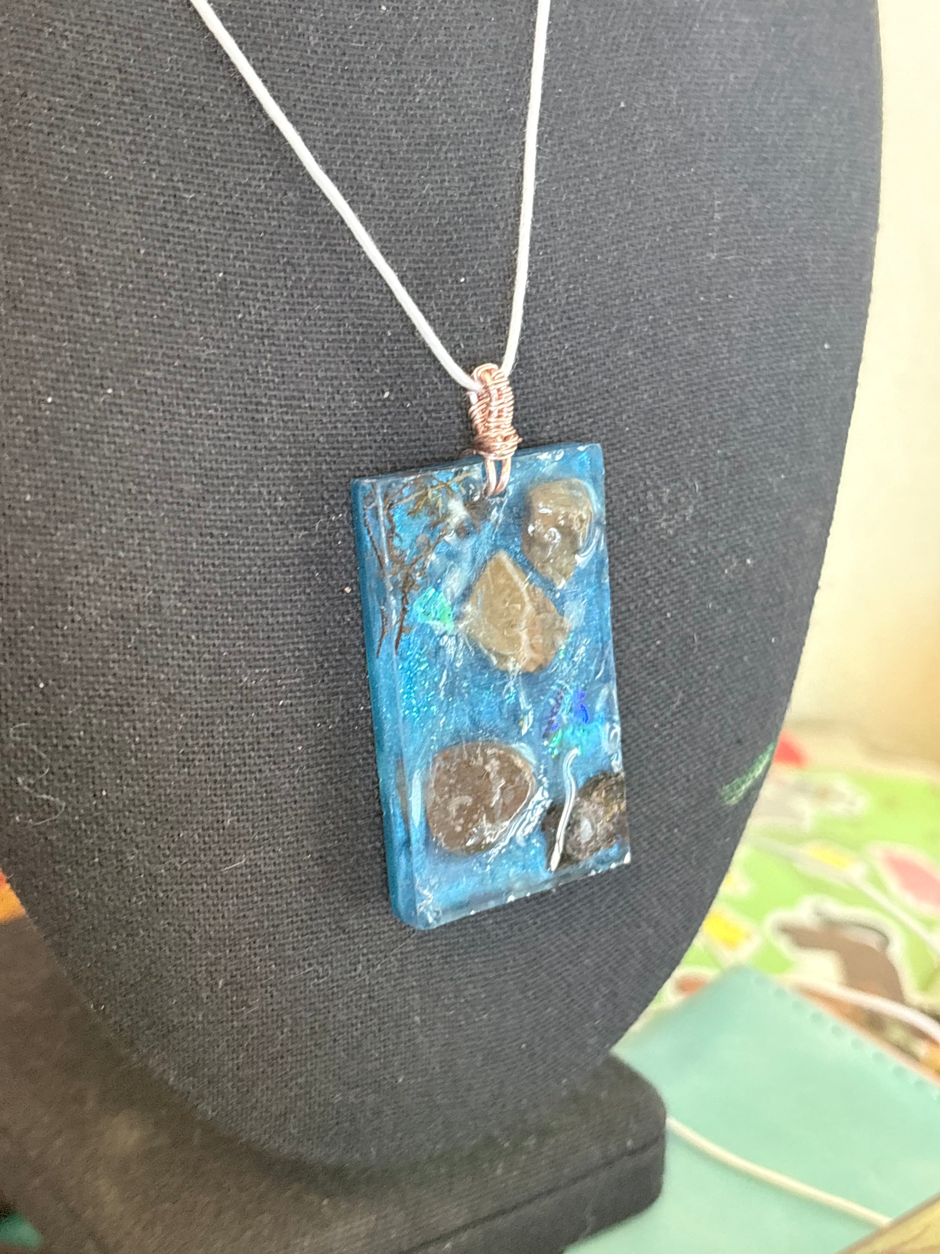 Forest Stream Necklace | Stones and Moss in Blue Resin Pendant
