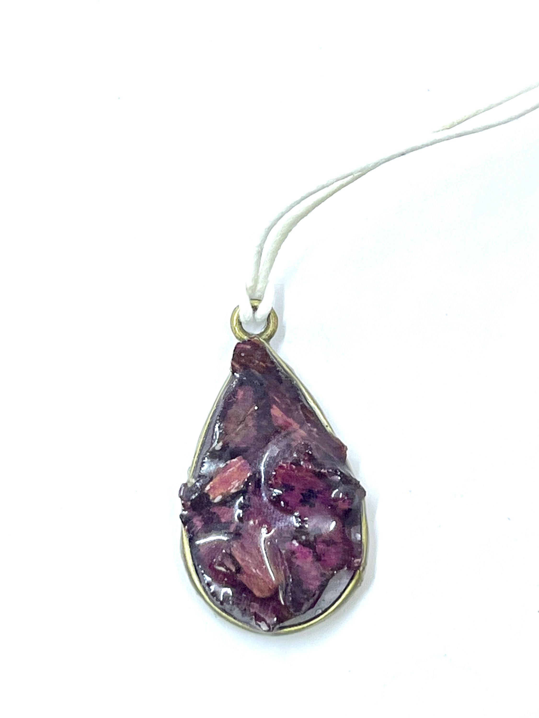 Teardrop Framed Resin Pendant, Rose petal Fragments in Resin Necklace, Deep red petals in unique accessory, One of a kind gift for her