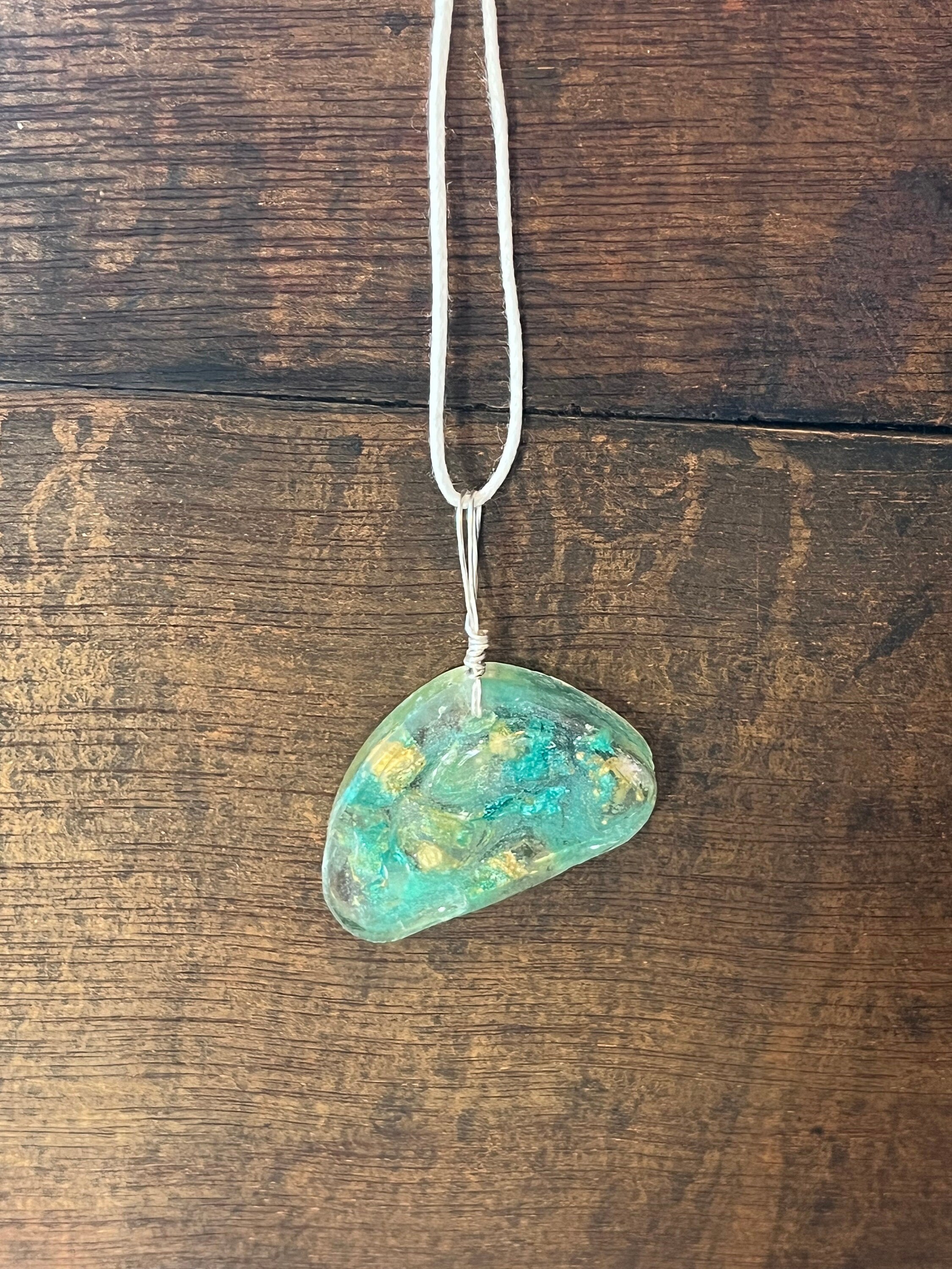 Colorful Resin Pendant Necklace, Teal and Gold Ink Colored Resin Jewelry, Abstract Art Necklace, Jewelry Gift for Her