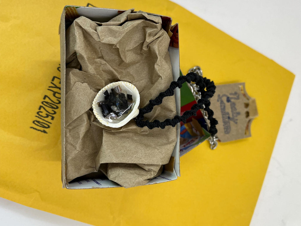 Gray Seashell Pendant with Black Decorations, Black Sharpie on Gray Clam Shell, Large Ocean accessory Pendant, Handrawn Real Shell Necklace