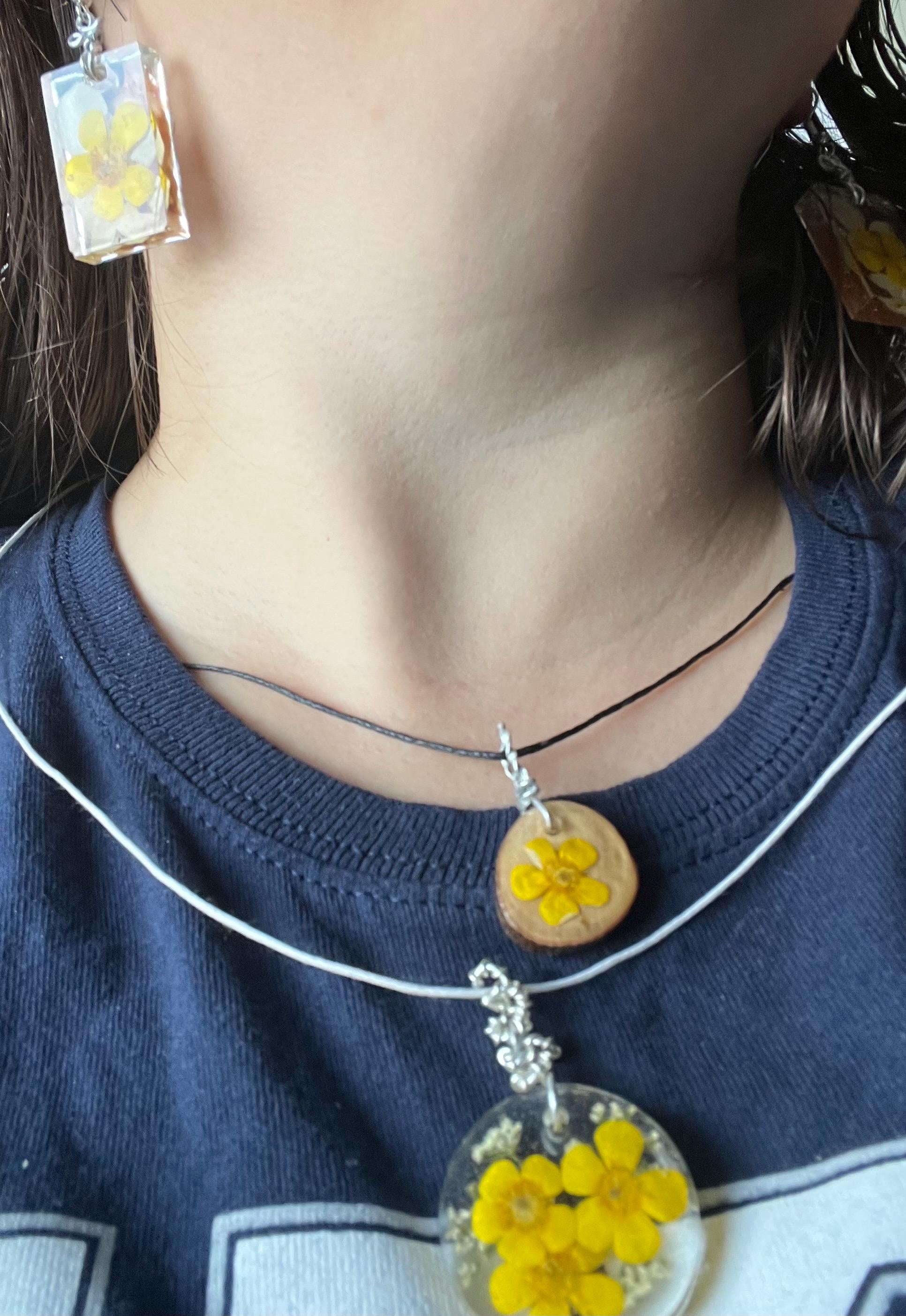 Buttercup Necklace, Yellow Flower on Wood Slice Pendant, Unique Botanical Jewelry, Cheerful One of a Kind Gift for Her