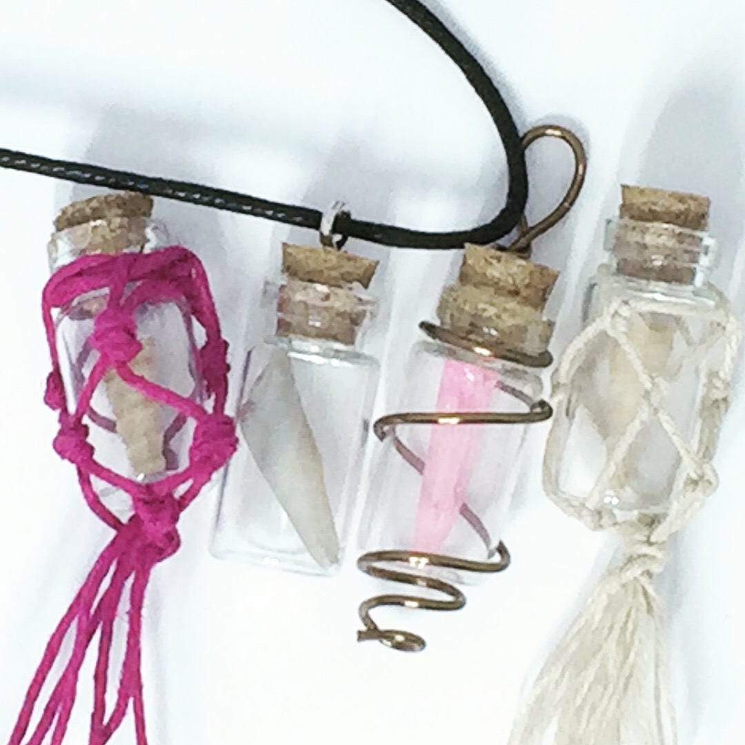 Pink Quartz Bottle Necklace | Mini Glass Vial Pendant | Romantic Heart Jewelry