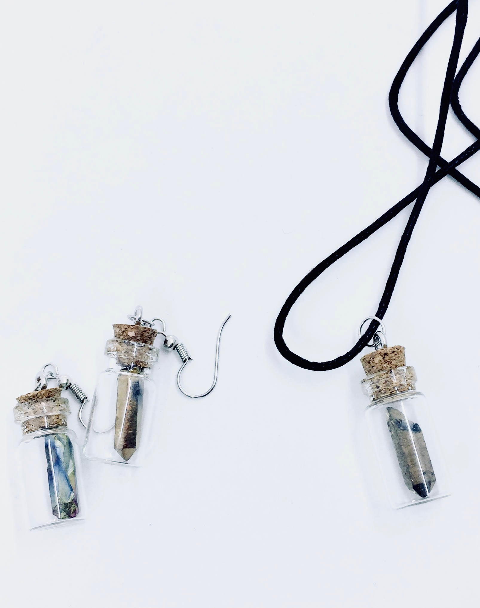 Unique Glass Bottle Earrings and Necklace, Rainbow Quartz Matching Set of Small Glass Bottle Jewelry, Novelty Accessories for Bold Women