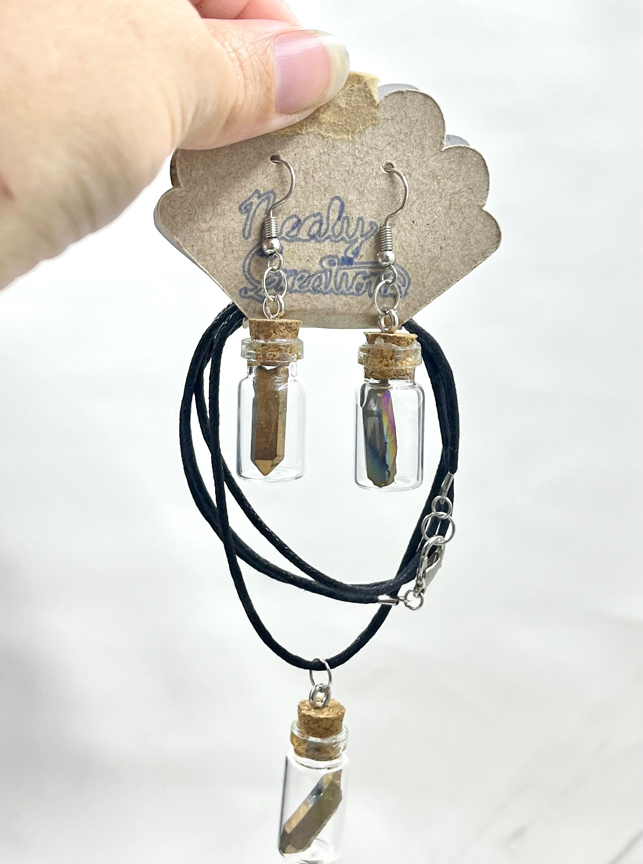 Rainbow Quartz Matching Set of Small Glass Bottle Jewelry