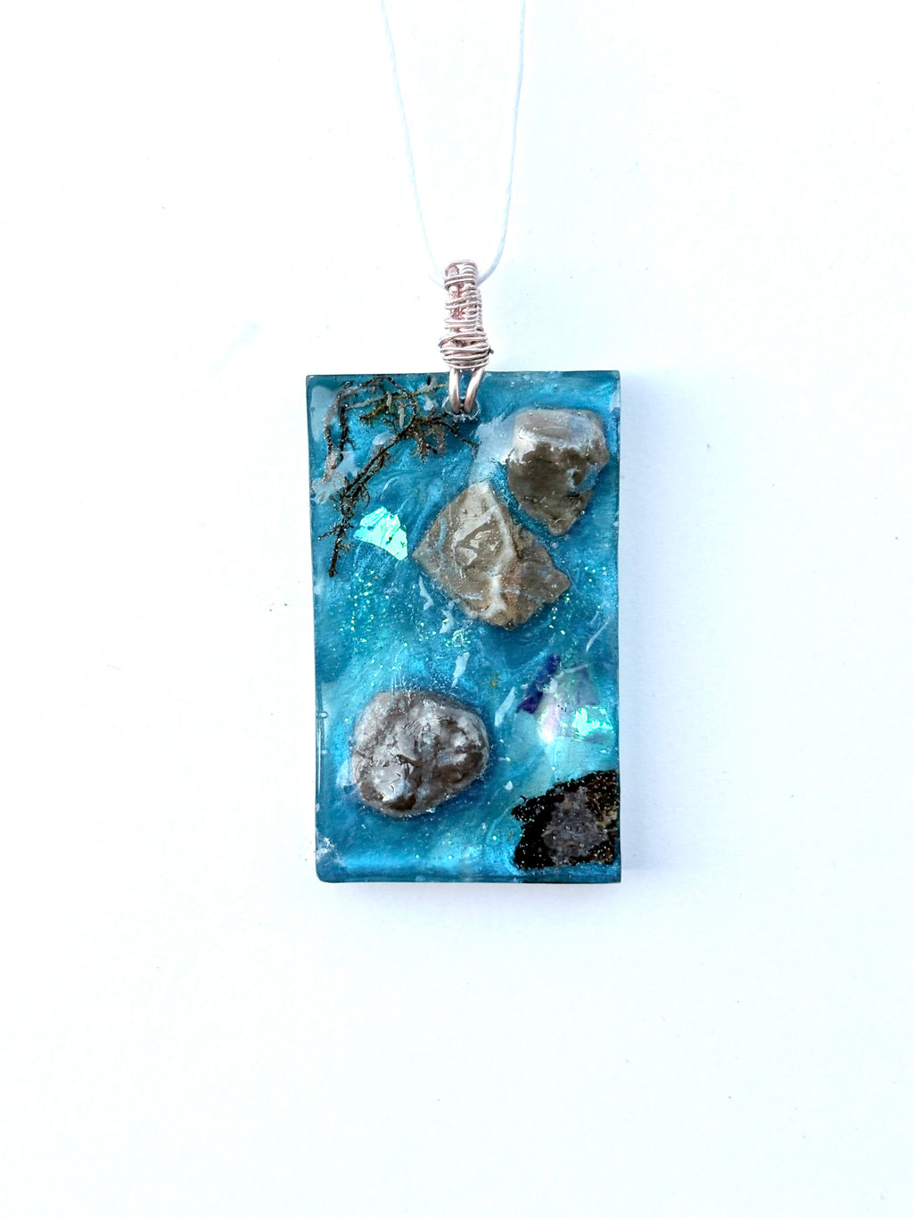 Forest Stream Necklace | Stones and Moss in Blue Resin Pendant