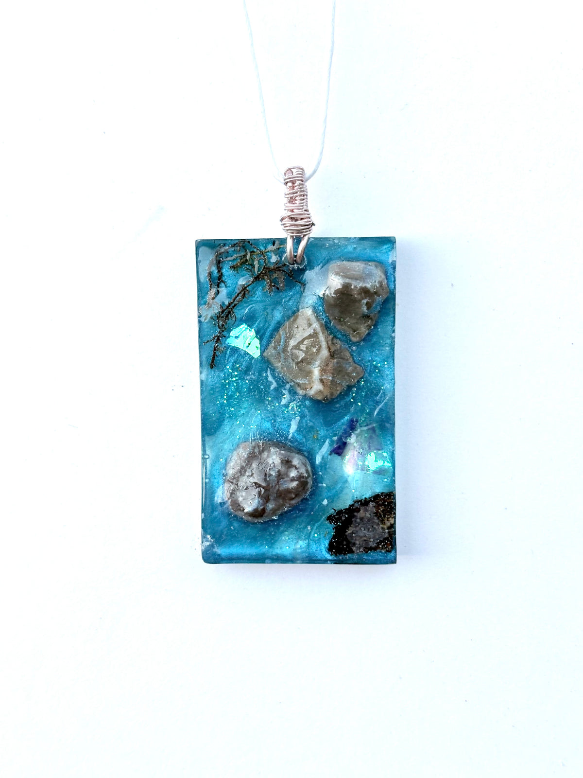 Forest Stream Necklace | Stones and Moss in Blue Resin Pendant