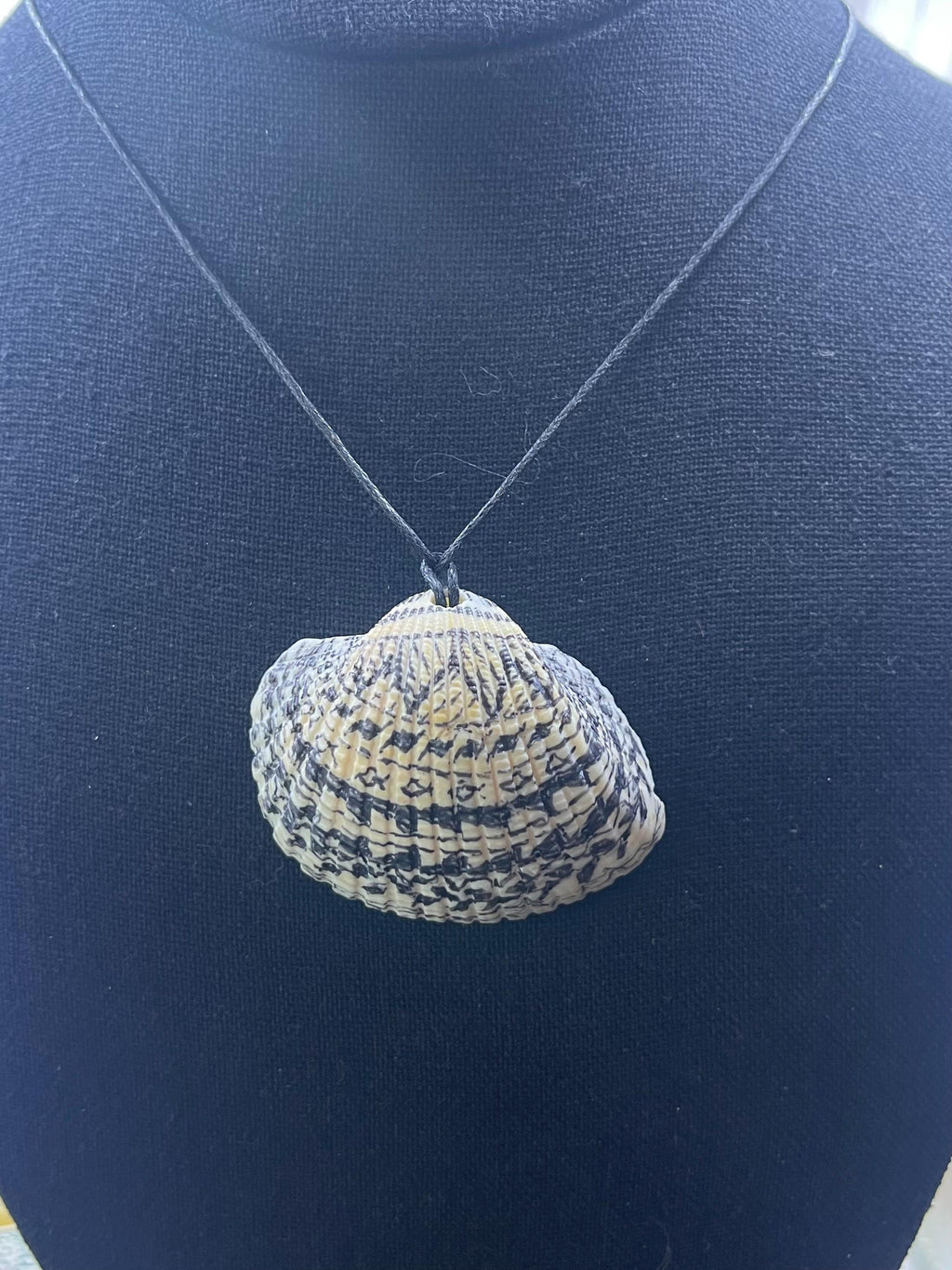 Gray Seashell Pendant with Black Decorations, Black Sharpie on Gray Clam Shell, Large Ocean accessory Pendant, Handrawn Real Shell Necklace