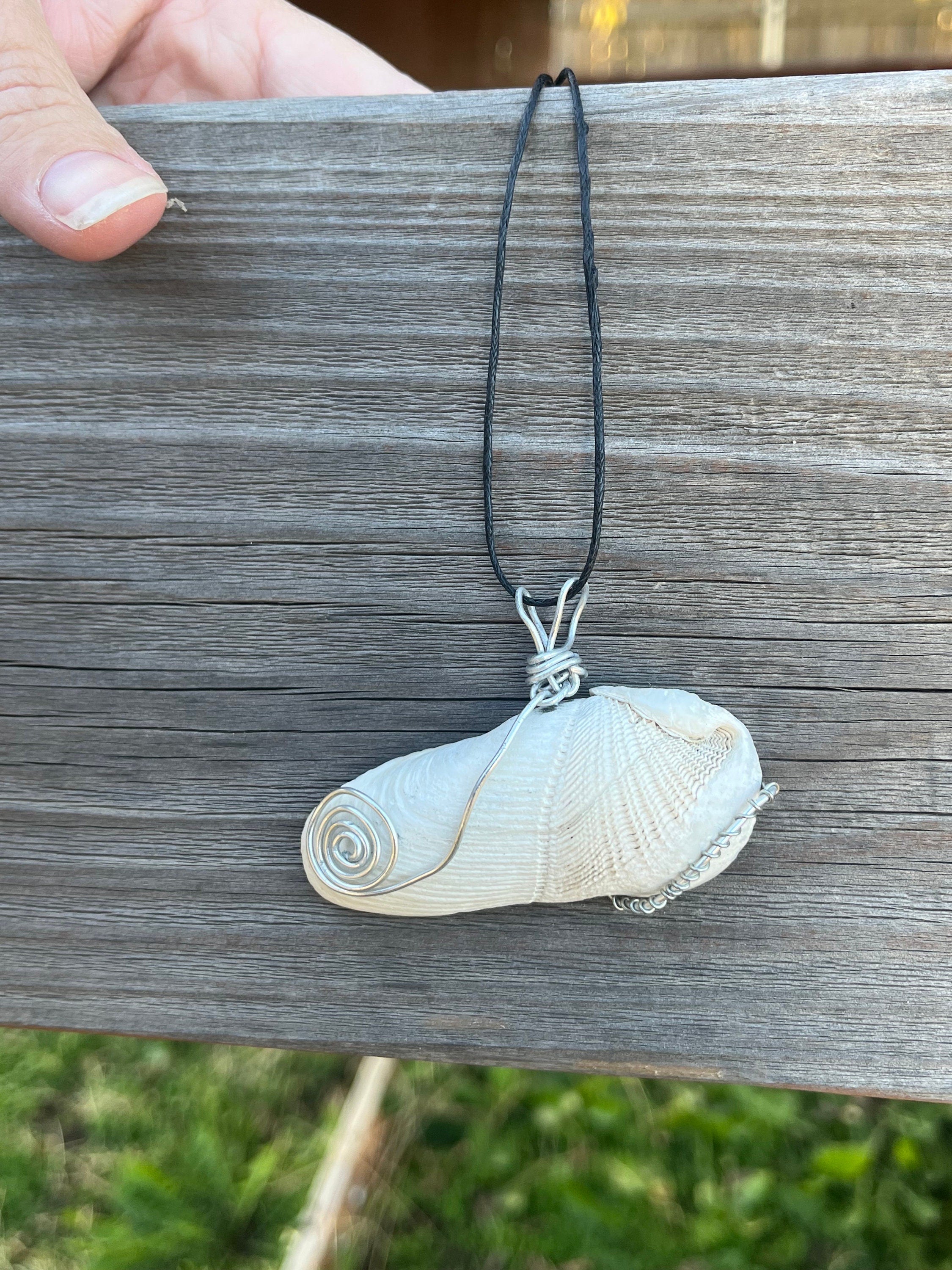 Wire Wrapped Natural Shell Pendant, Split Pattern Shell Necklace with Simple Wire Wrap, Beach Jewelry, Angel Wing Shell Pendant for Her