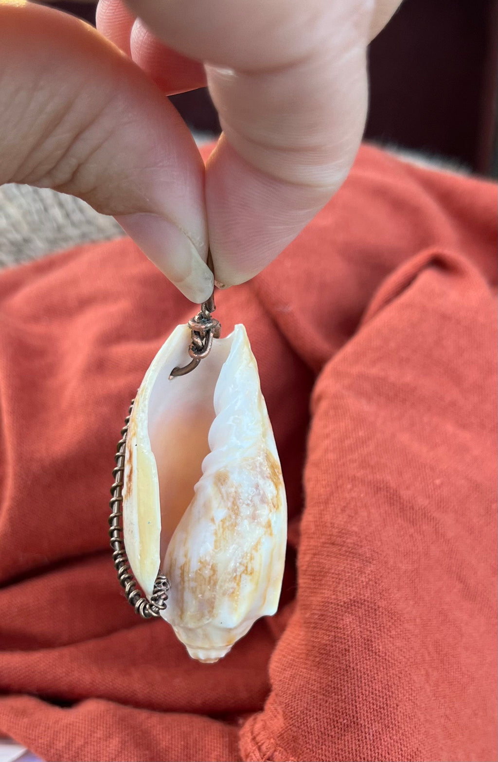 Wire Wrapped Orange Shell Pendant, One of a Kind Simple Wire Wrap Seashell Necklace, Beach Lover's Dream, Bronze Wire Wrap Authentic Shell