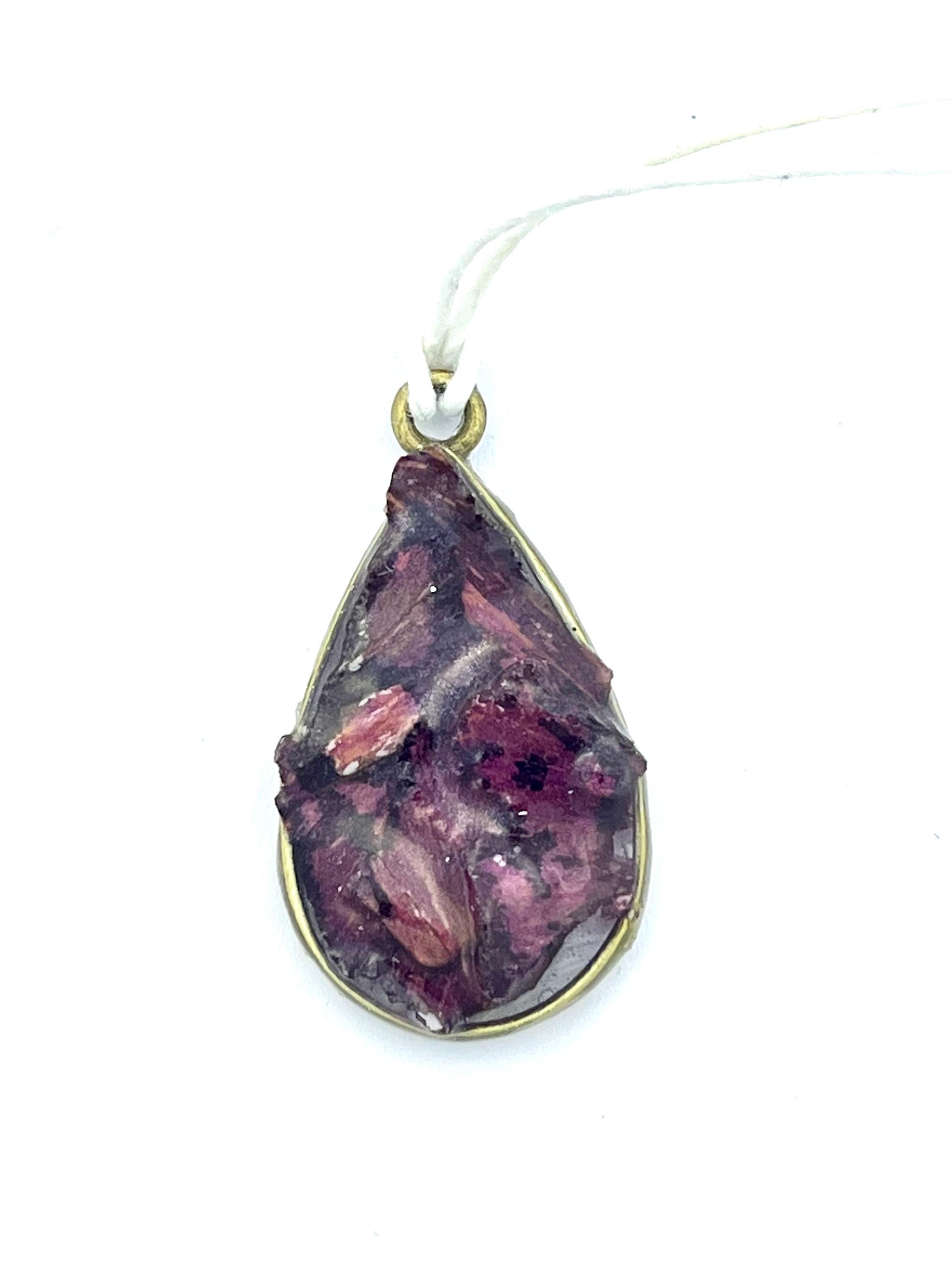 Teardrop Framed Resin Pendant, Rose petal Fragments in Resin Necklace, Deep red petals in unique accessory, One of a kind gift for her