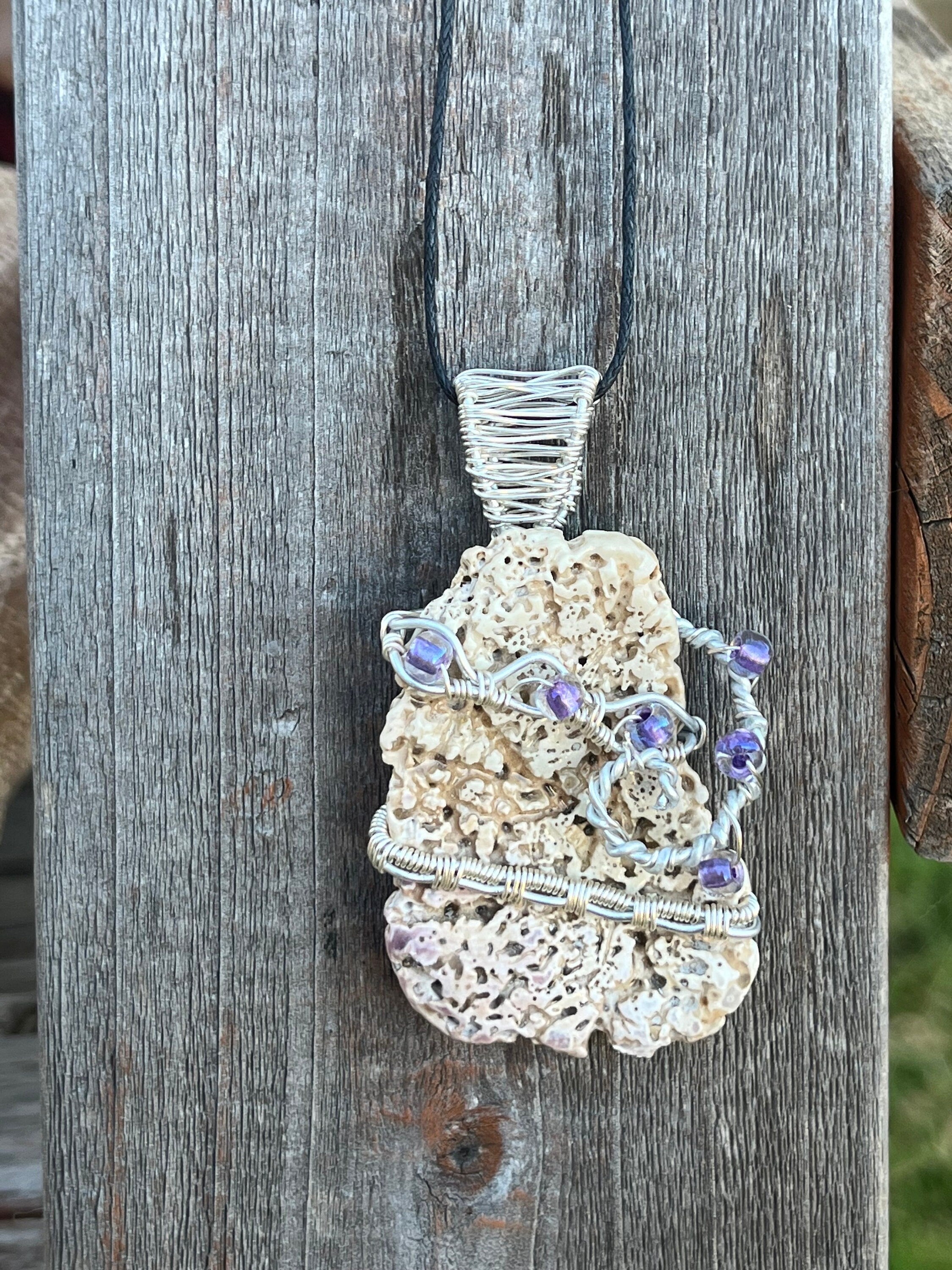 Shell Fragment Necklace | Wire Wrapped Shell with Purple Beads Pendant
