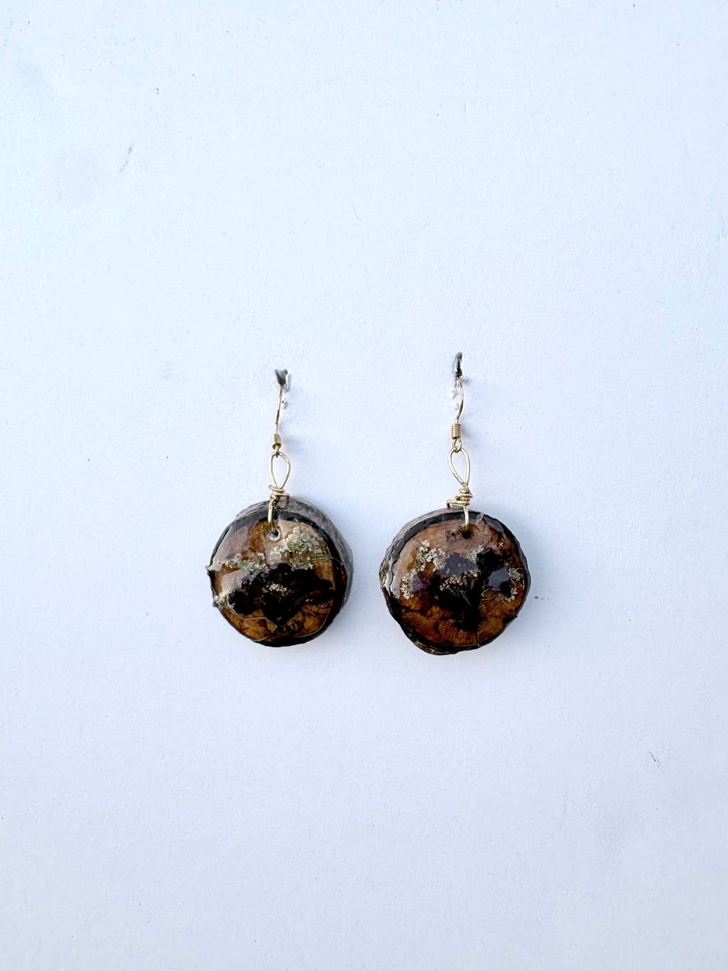 Wood slice Floral Set | Matching Set of Burgandy Flowers on Wood in Resin | Real Gold Earring Hooks