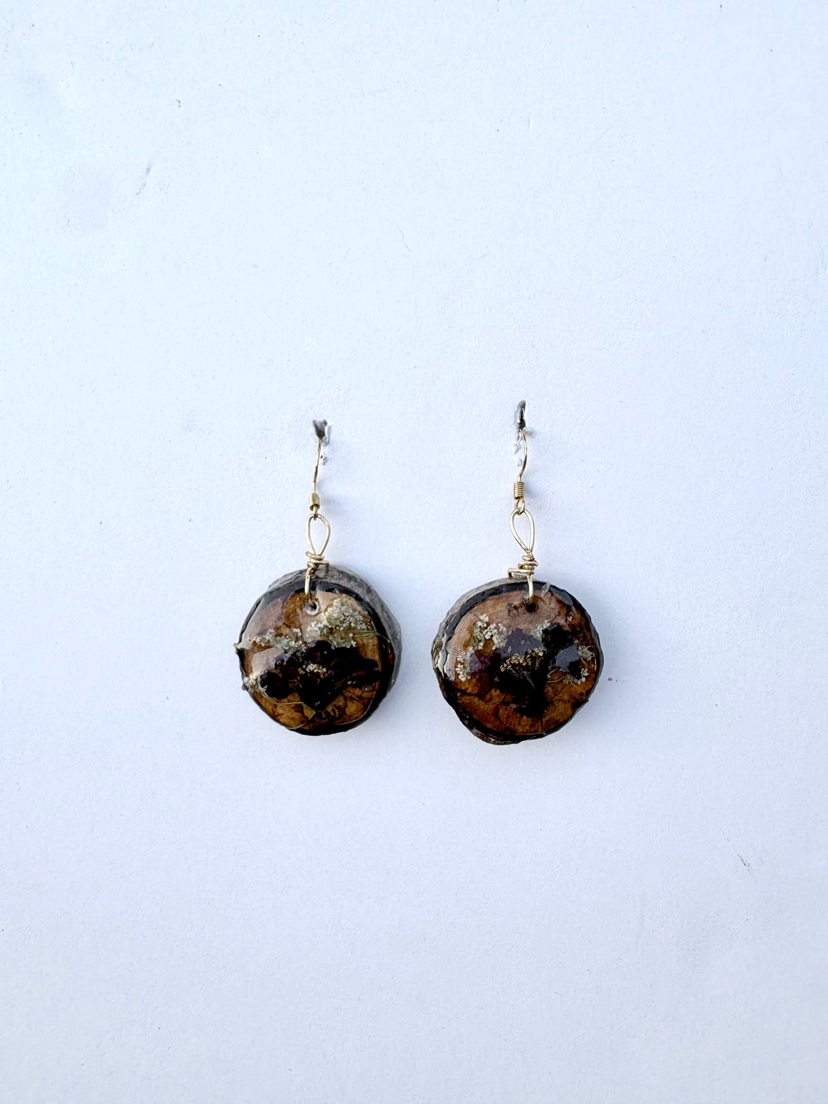 Wood slice Floral Set | Matching Set of Burgandy Flowers on Wood in Resin | Real Gold Earring Hooks