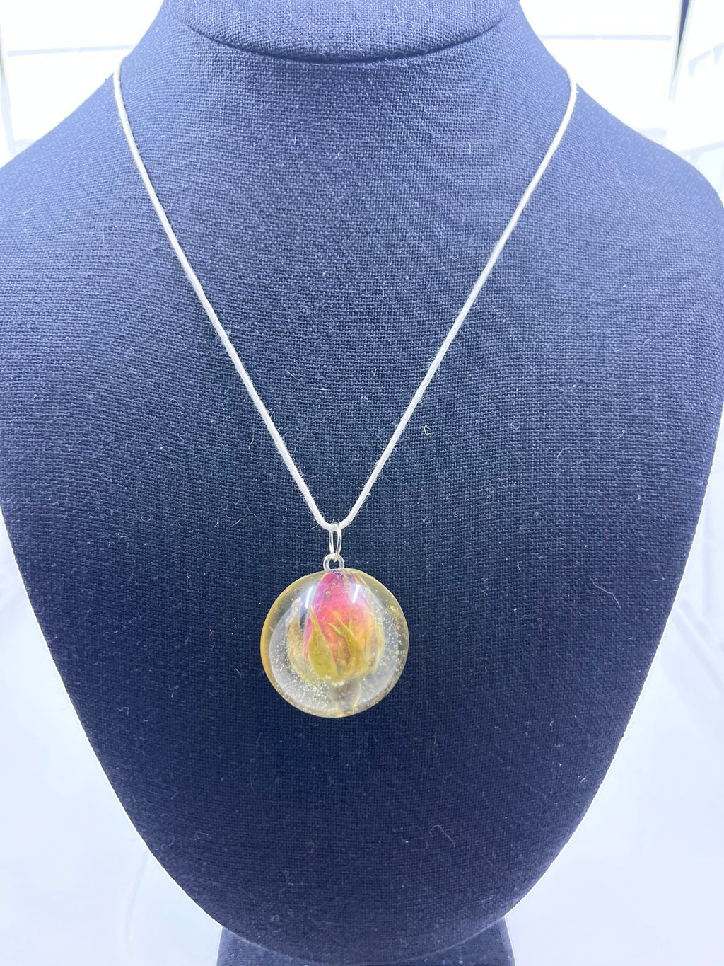 Real Rose Necklace, Spherical Resin Pendant with Flower, Magenta Rosebud Jewelry, Botanical Pendant, Pink Floral Necklace