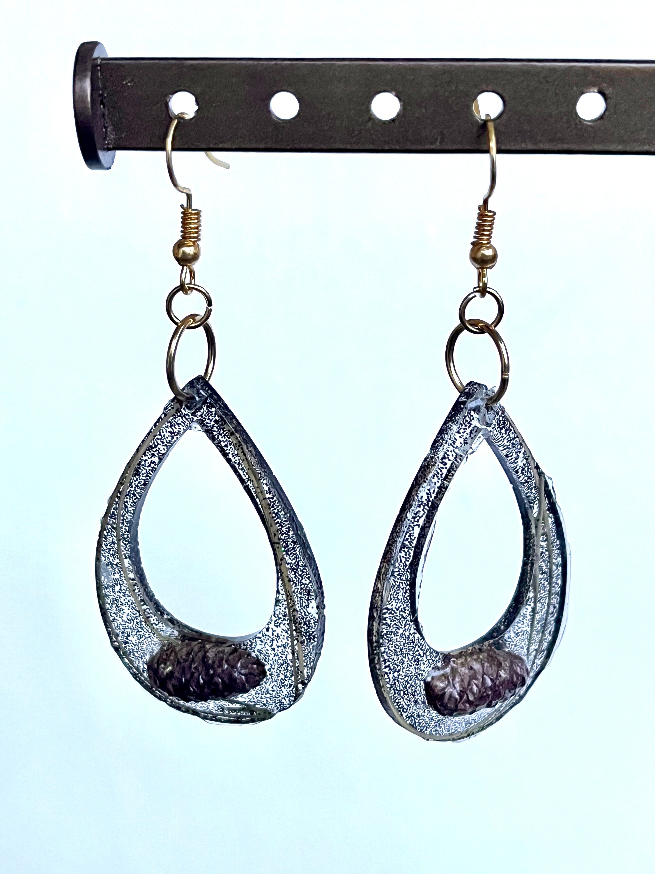 Pinecone & Pine Needle Resin Earrings, Black Glitter Teardrop Dangle, Natural Boho Jewelry, Unique Cottage Core Handmade Gift