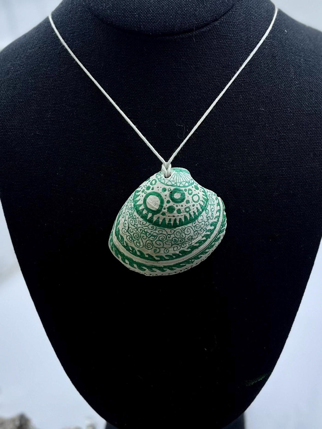 Decorated Shell Pendant | Hand Drawn Green Seashell Necklace