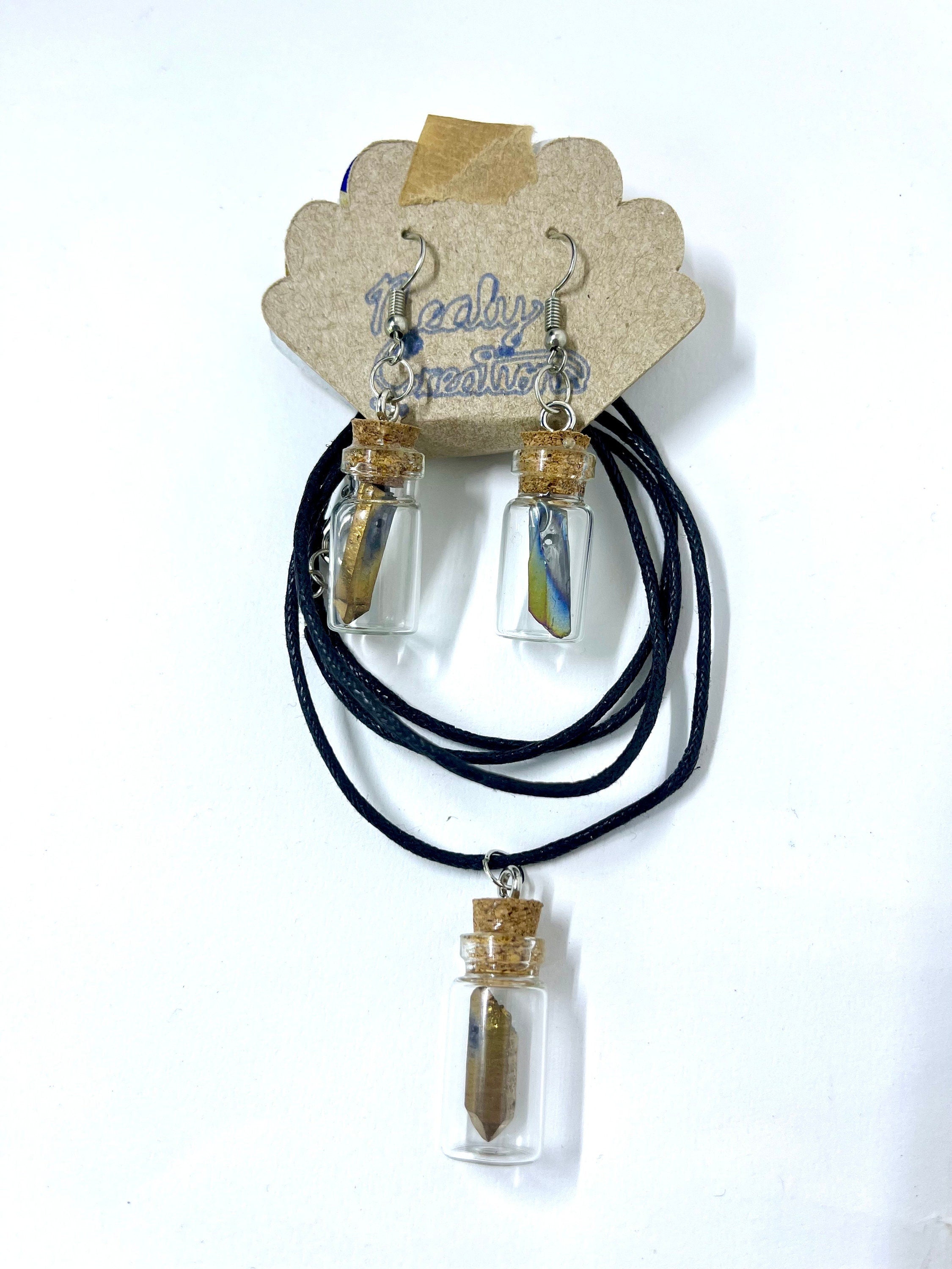 Unique Glass Bottle Earrings and Necklace, Rainbow Quartz Matching Set of Small Glass Bottle Jewelry, Novelty Accessories for Bold Women