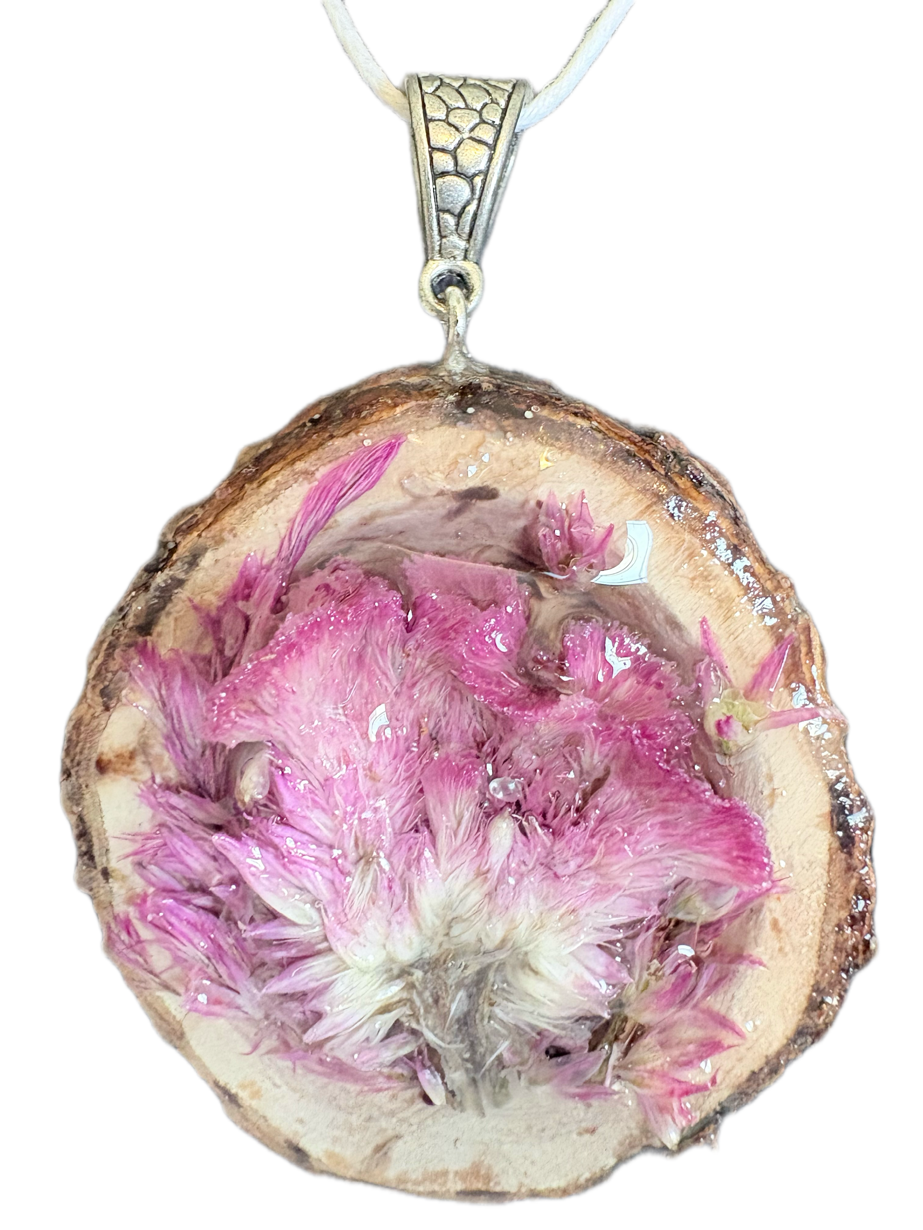 Wild Bloom Statement Necklace | Real Celosia Flowers and Wood Slice in Resin