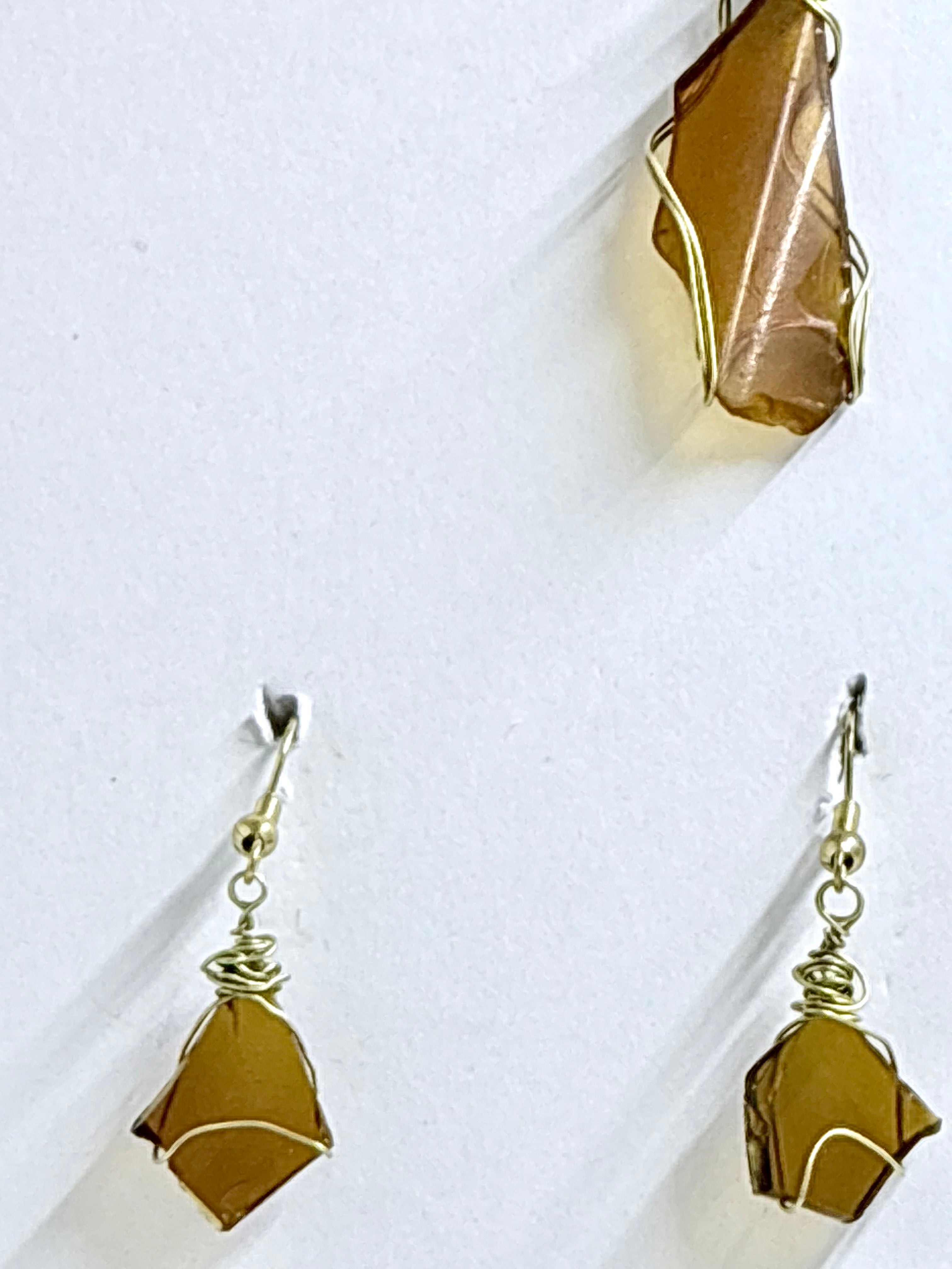 Amber Sea Glass | Wire Wrapped Jewelry Set | Earthy Coastal Style