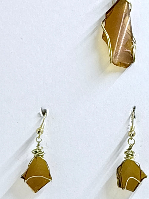 Amber Sea Glass | Wire Wrapped Jewelry Set | Earthy Coastal Style