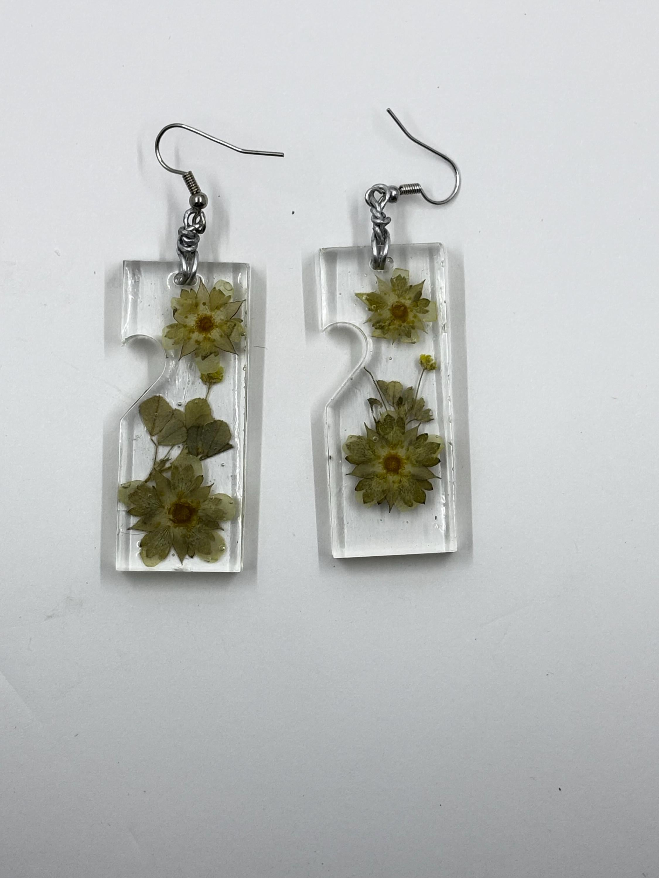 Yellow Flower Earrings, Cinquefoil Blooms in Resin, Heart Cut Out Shape, Unique Botanical Jewelry, One of a Kind Gift for Her
