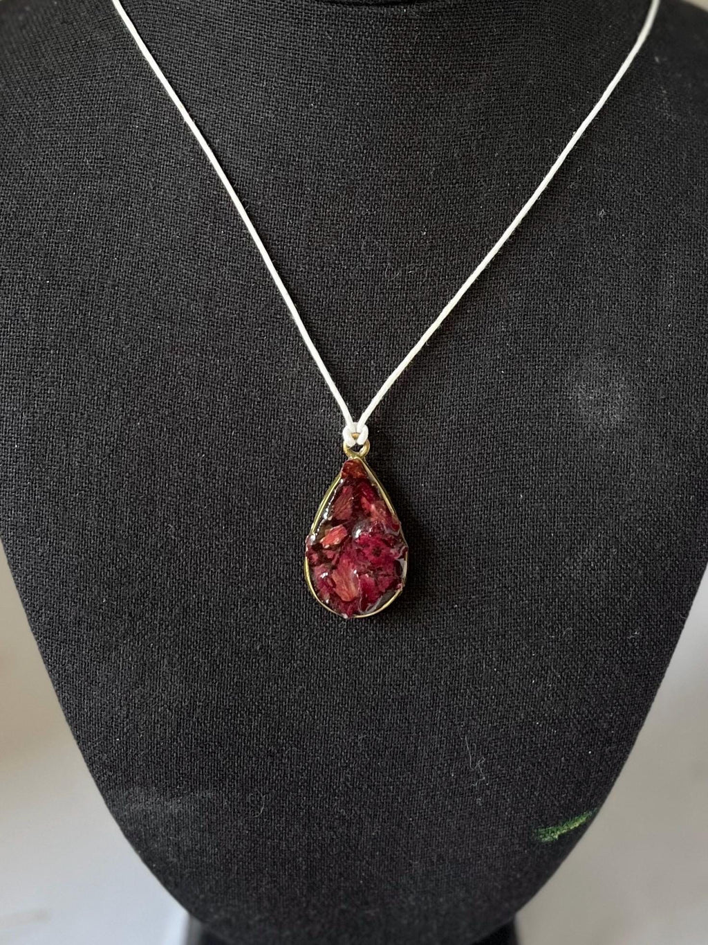 Teardrop Framed Resin Pendant, Rose petal Fragments in Resin Necklace, Deep red petals in unique accessory, One of a kind gift for her