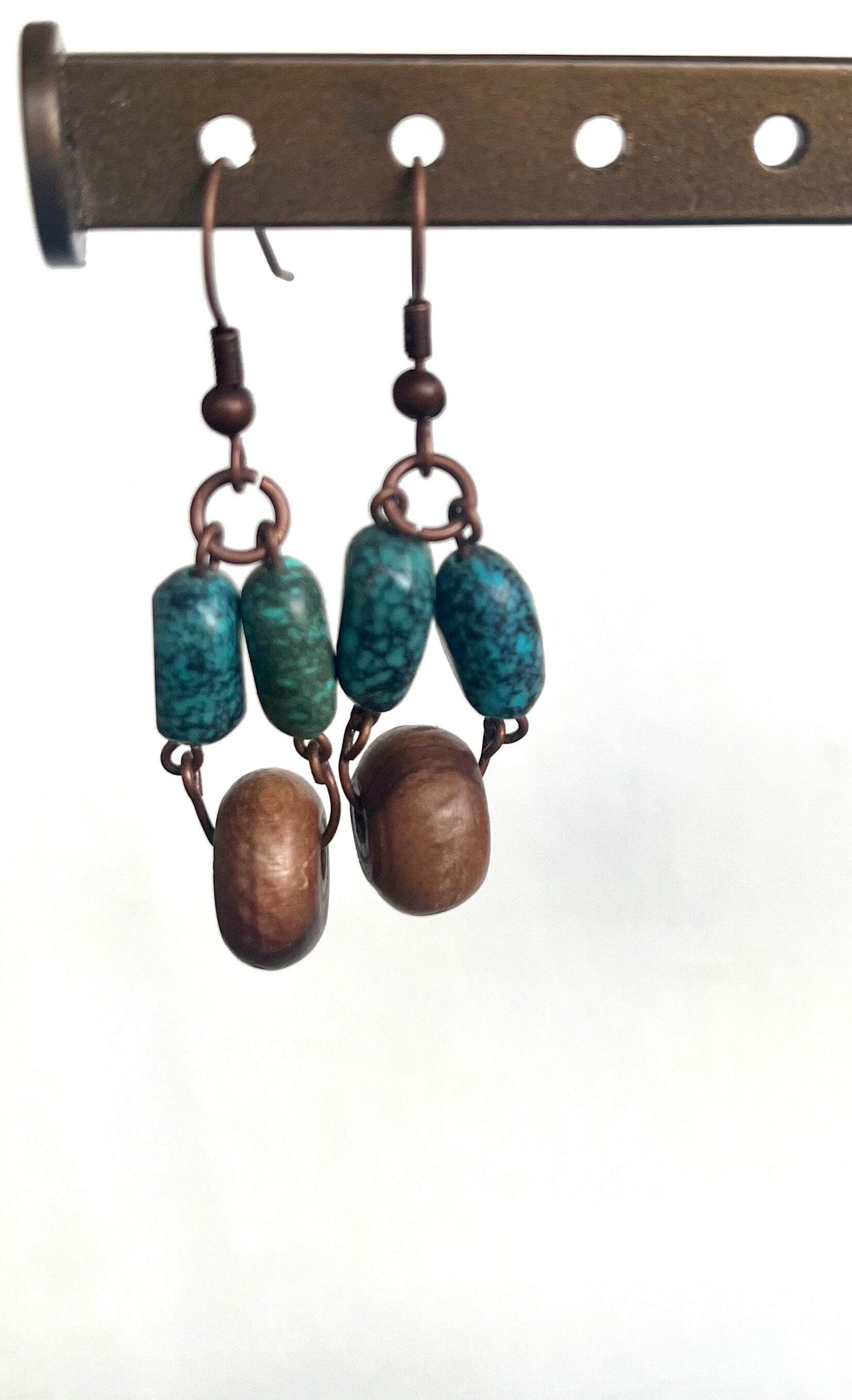 Wooden Beaded Dangle Earrings, Turquoise and Wood Earrings, Statement Earrings, Gift for Her
