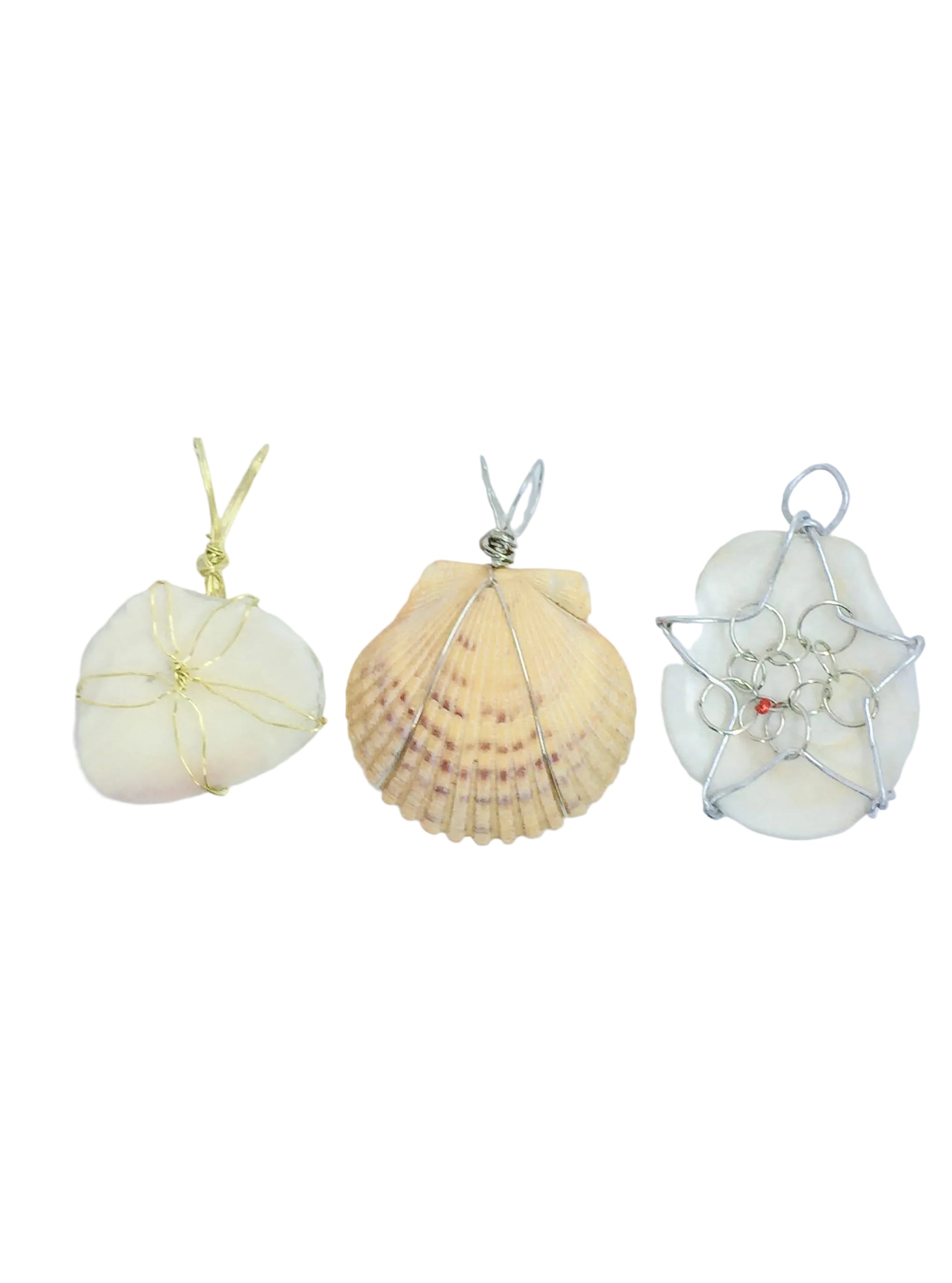 Three shell-shaped pendants on white background