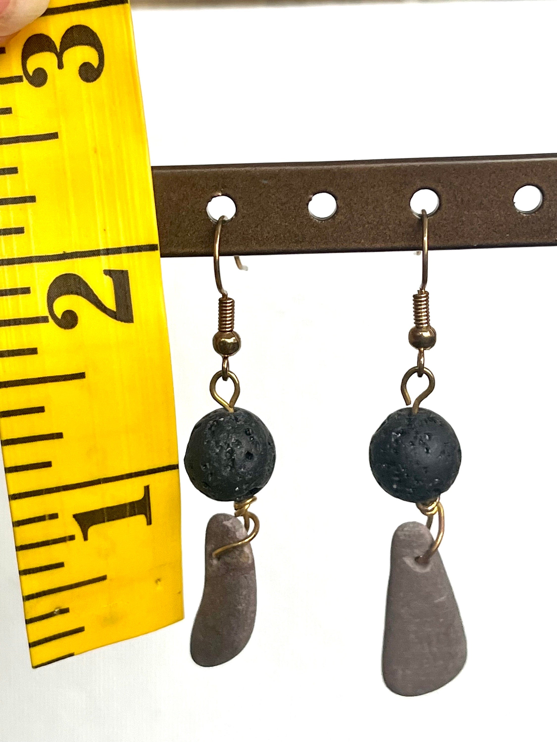 Volcanic Beads and River Rock Matching Set, Earrings and Matching Smooth River Stone and Aromatherapy Friendly Volcano Stone Beads