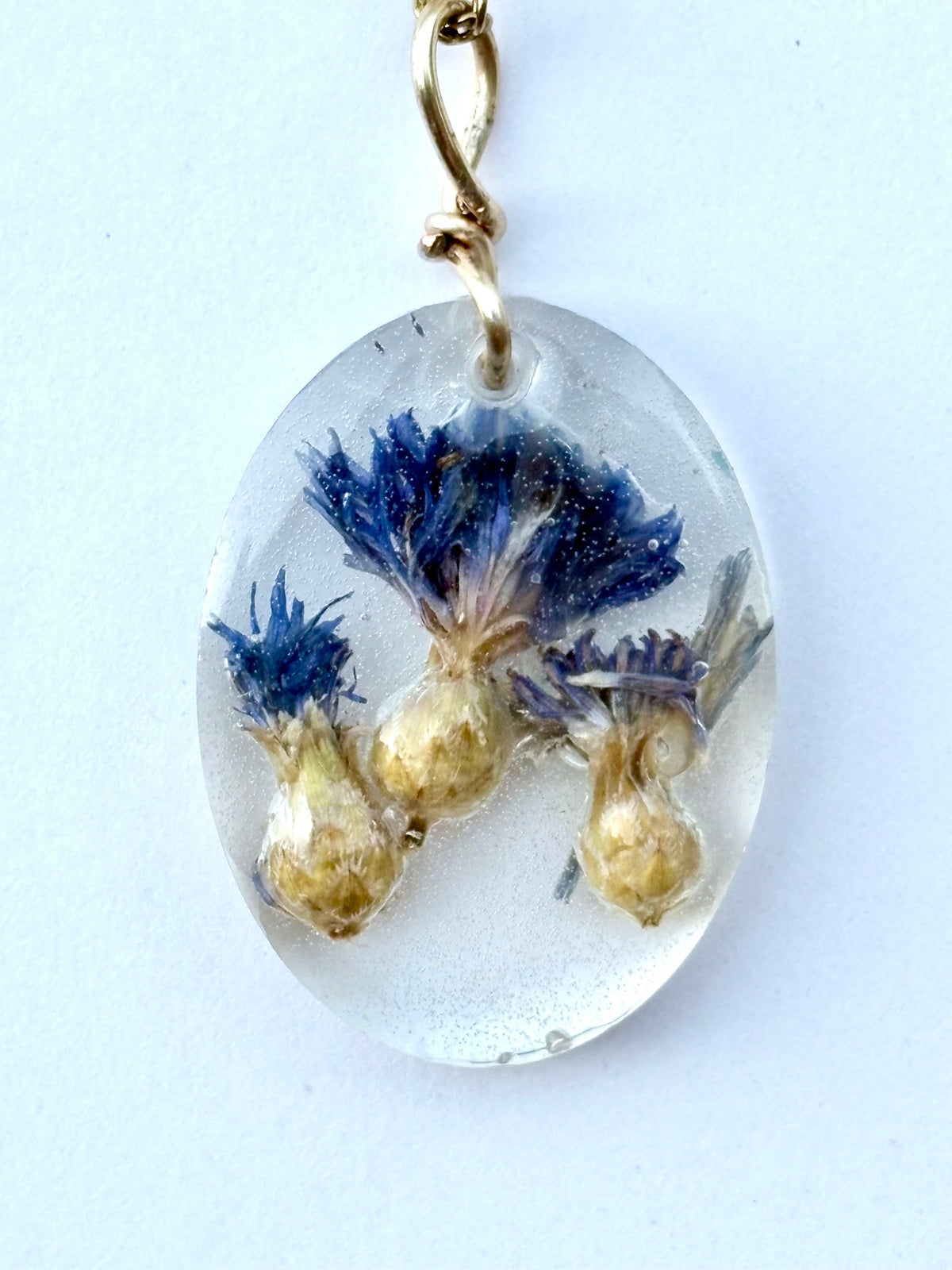 Blue Cornflower Botanical Resin Necklace | Triple Flower Pendant
