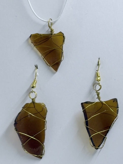 Amber Sea Glass | Wire Wrapped Set | Triangle Pendant and Earrings
